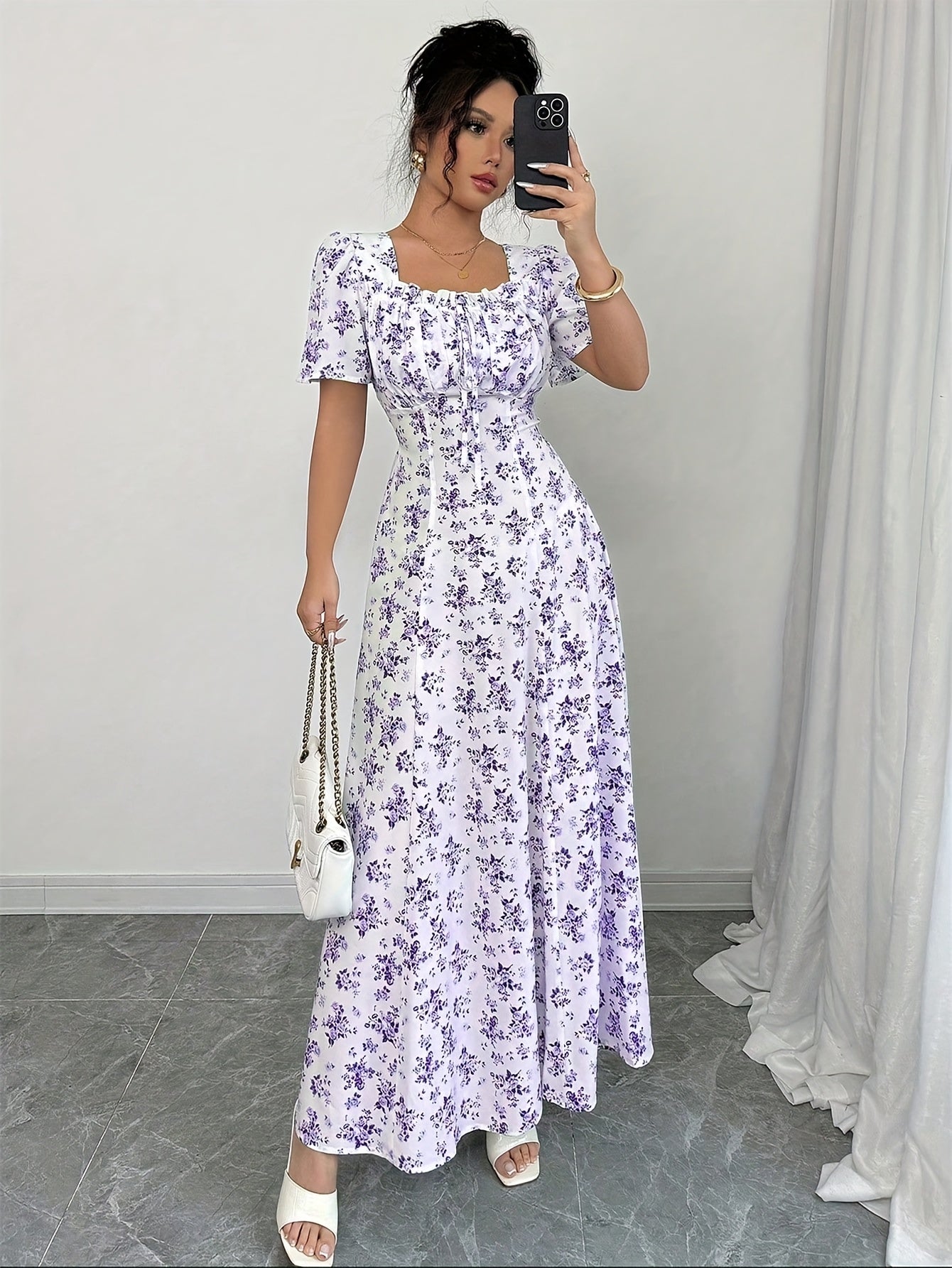 Women's Elegant Floral max Dress - Lavender Floral print in Purple & Lilac, Non-Stretchy A-Line Formal & casual event gown for Wedding, Party, Everyday Outfits - Spring/Summer/Fall Clothing, Floral Print Dress, Summer Fashion, Princess Sleeves
