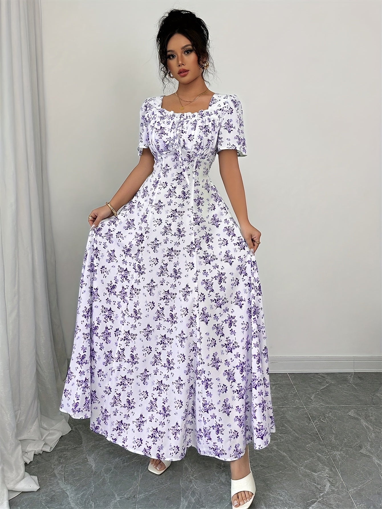 Women's Elegant Floral max Dress - Lavender Floral print in Purple & Lilac, Non-Stretchy A-Line Formal & casual event gown for Wedding, Party, Everyday Outfits - Spring/Summer/Fall Clothing, Floral Print Dress, Summer Fashion, Princess Sleeves