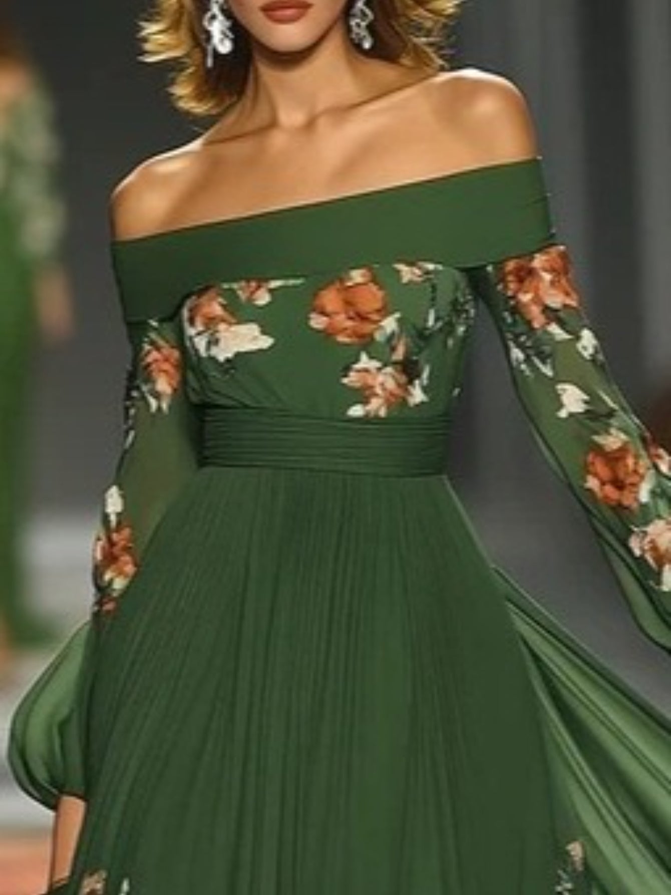 Elegant Off-Shoulder Green Floral Maxi Dress with Lantern Sleeves - Flowing A-Line Silhouette, Cinched Waist, Perfect for Formal Events, Formal Evening Wear | Offshoulder Design | Cinched Waist Dress