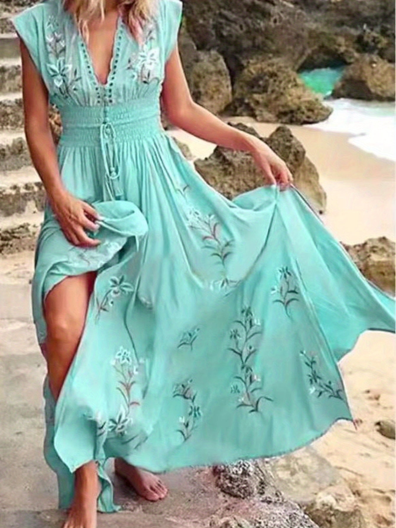 Women's Soft Pink Floral-like Bohemian Dress - Elegant V-Neck Beach Party Outfit, Machine Washable Flowy Casual to Formal Dress for Brunch, Everyday & Special Events