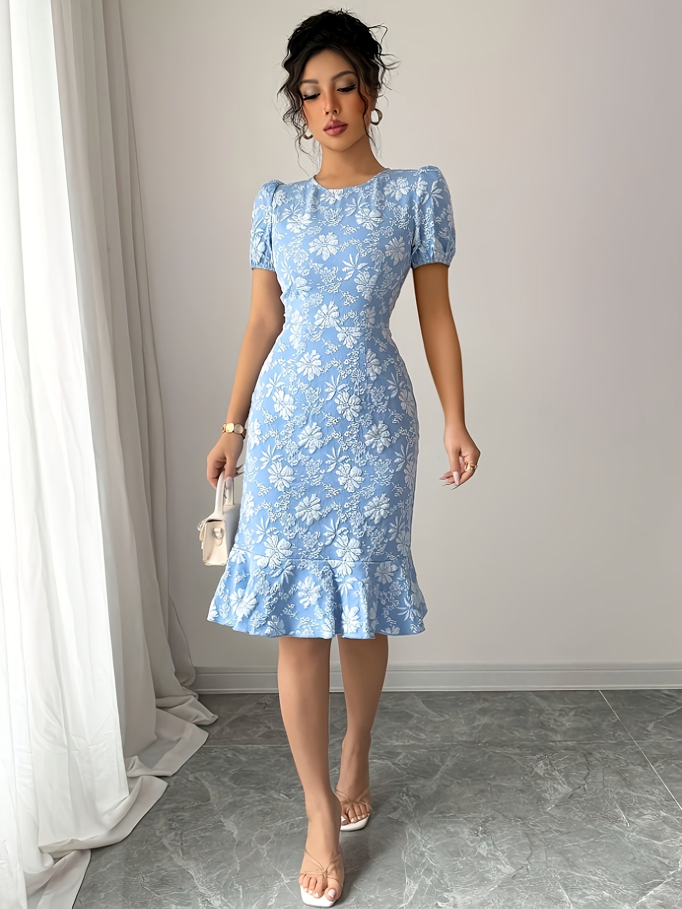 [Elegant Floral Print Dress] Elegant Floral Print Knee-Length Dress - Non-Stretchy Highquality Fabric - Office to Party Formal & Casual Outfits - Blue/White Women's Clothing for Everyday & Special Events