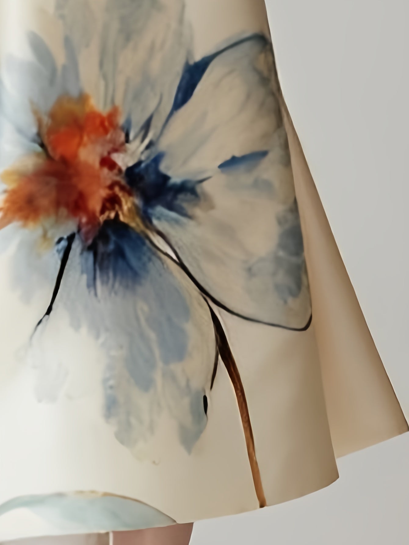 Women'S Elegant Floral dress - Beige & Blue Floral print, Flared long sleeves, Formal & Everyday Occasions - No Belt Needed - Fall/Winter Women'S Clothing - Elegant Party Wedding Outfit Casual Chic Attire, Dresses for Wedding Guest, Winter Fashion,