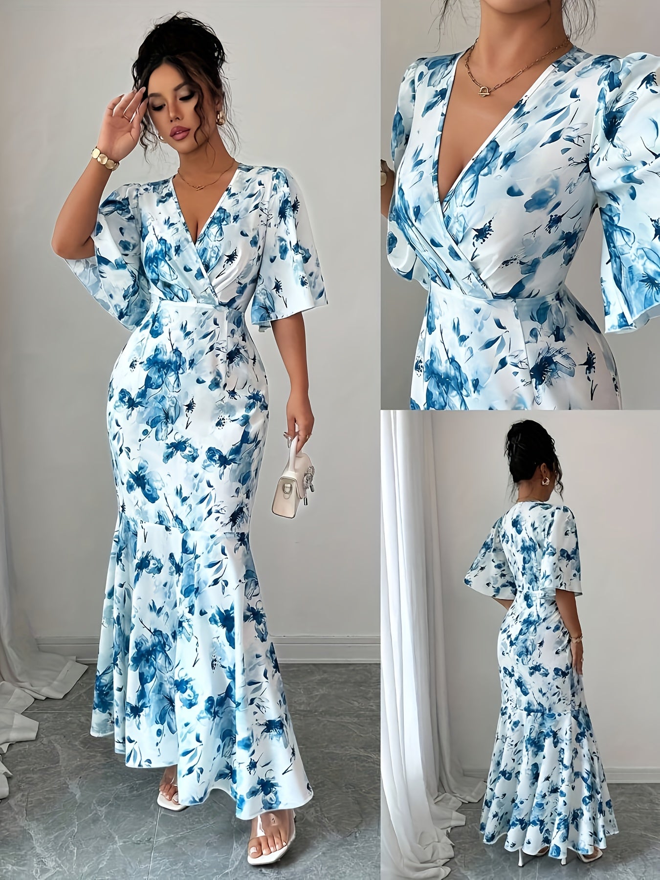 Women's Elegant Floral maxi Dress - Formal/semi-Formal Event Gown with Cross Neckline, Flowy Wedding Party Outfit in Blue Floral Print - Machine Washable Non-Stretch Fabric for Women