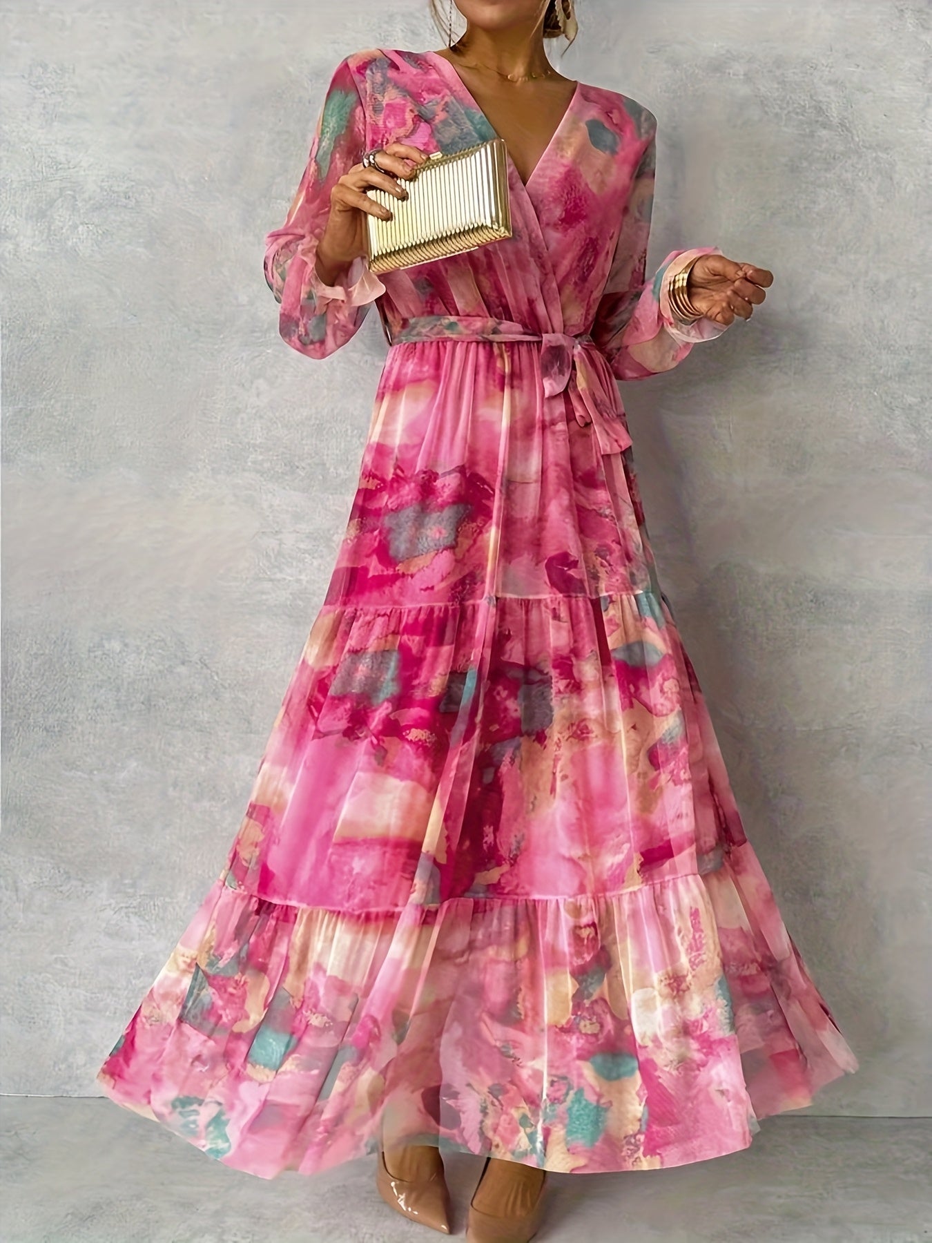Women's Elegant Floral print maxi dress - A-Line formal & casual gown Pink/, Machine Washable non-stretchy fabric for Parties, Office, Casual Attire - All-Season Women's Clothing, Office Attire, Graceful Silhouette, Quality Stitching, Vneckline Dress,