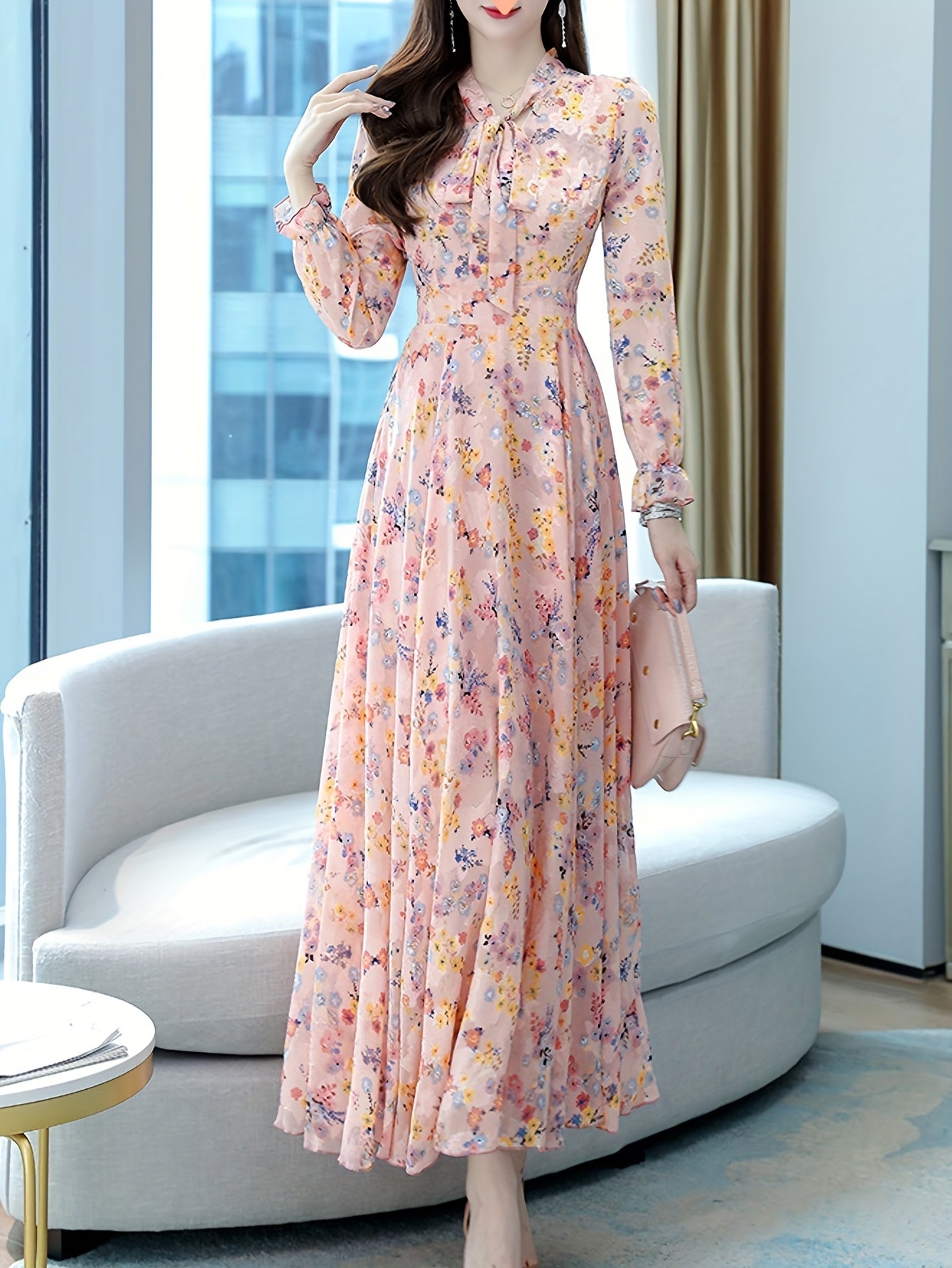 Bowknot V-neck Floral Chiffon Dress Fashionable And Casual Long-sleeved Waist Wide Hem Bohemian Cuckoo Style Printed Long Skirt