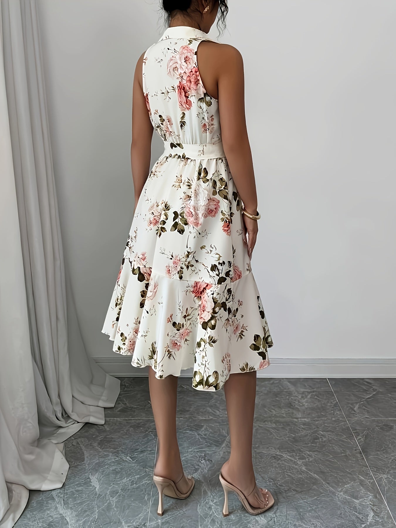 Elegant Floral Print V-Neck Dress for Women - Sleeveless, Tie-Waist, Lightweight Summer Dress with Lace-Up Detail, Perfect for Casual or Formal Occasions, Cute Dress