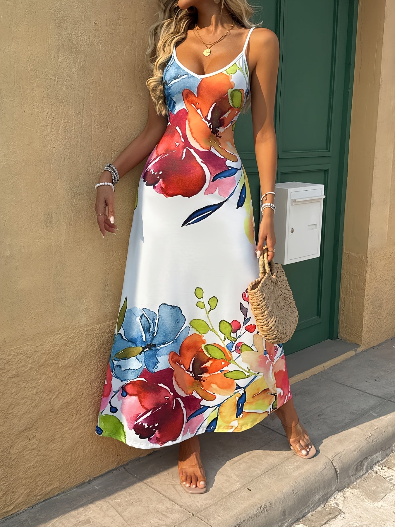 Ladies' Fashionable Cartoon Printed Slim Shoulder Suspender Dress - V-neck Sleeveless Long A-line Skirt - Perfect Choice for Spring And Summer