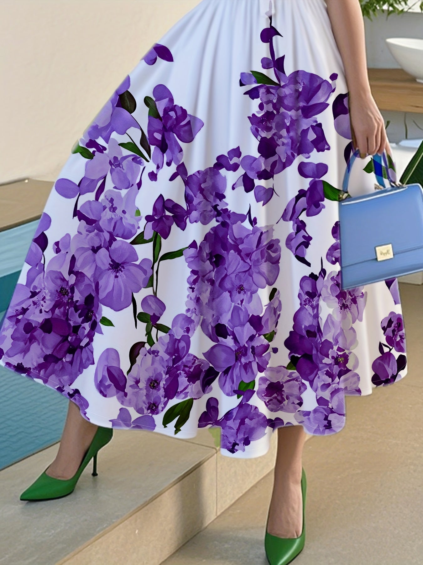 Women's Floral Print A-Line Dress - Elegant Belted Waist, Non-Stretchy Fabric for Party, Wedding, Office - Purple Floral Print on White - Spring/Fall/Summer Formal & Everyday Outfits, Spring Fashion Wear, Feminine Silhouette, Structured Fit, Buttondown