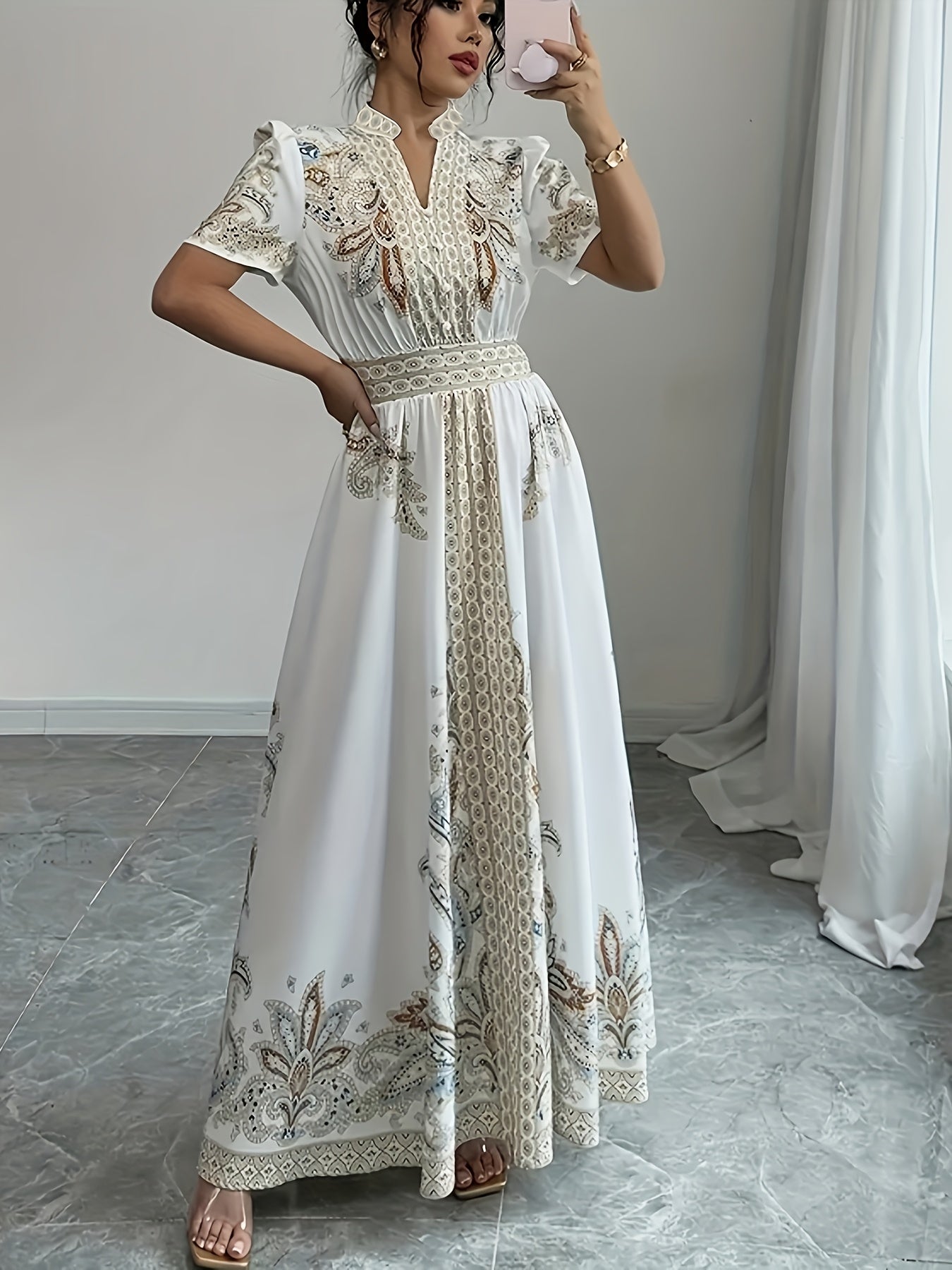 Elegant Bohemian V-Neck Maxi Dress with Intricate Floral Details - White, Short Sleeves, Cinched Waist, Flowy Skirt, Perfect for Spring/Summer, Adult Women'S Fashion, Bohemian Dress