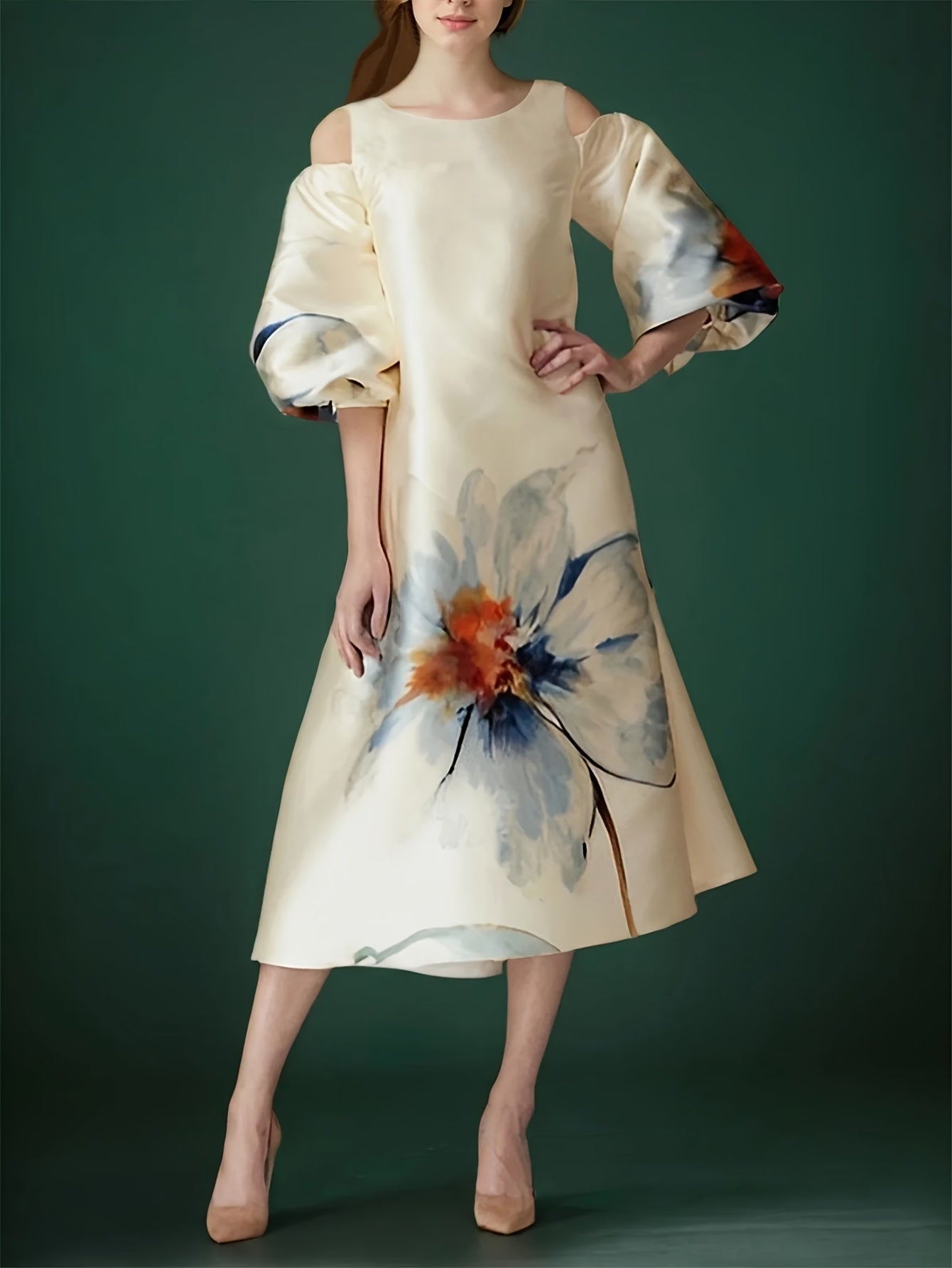 Women'S Elegant Floral dress - Beige & Blue Floral print, Flared long sleeves, Formal & Everyday Occasions - No Belt Needed - Fall/Winter Women'S Clothing - Elegant Party Wedding Outfit Casual Chic Attire, Dresses for Wedding Guest, Winter Fashion,