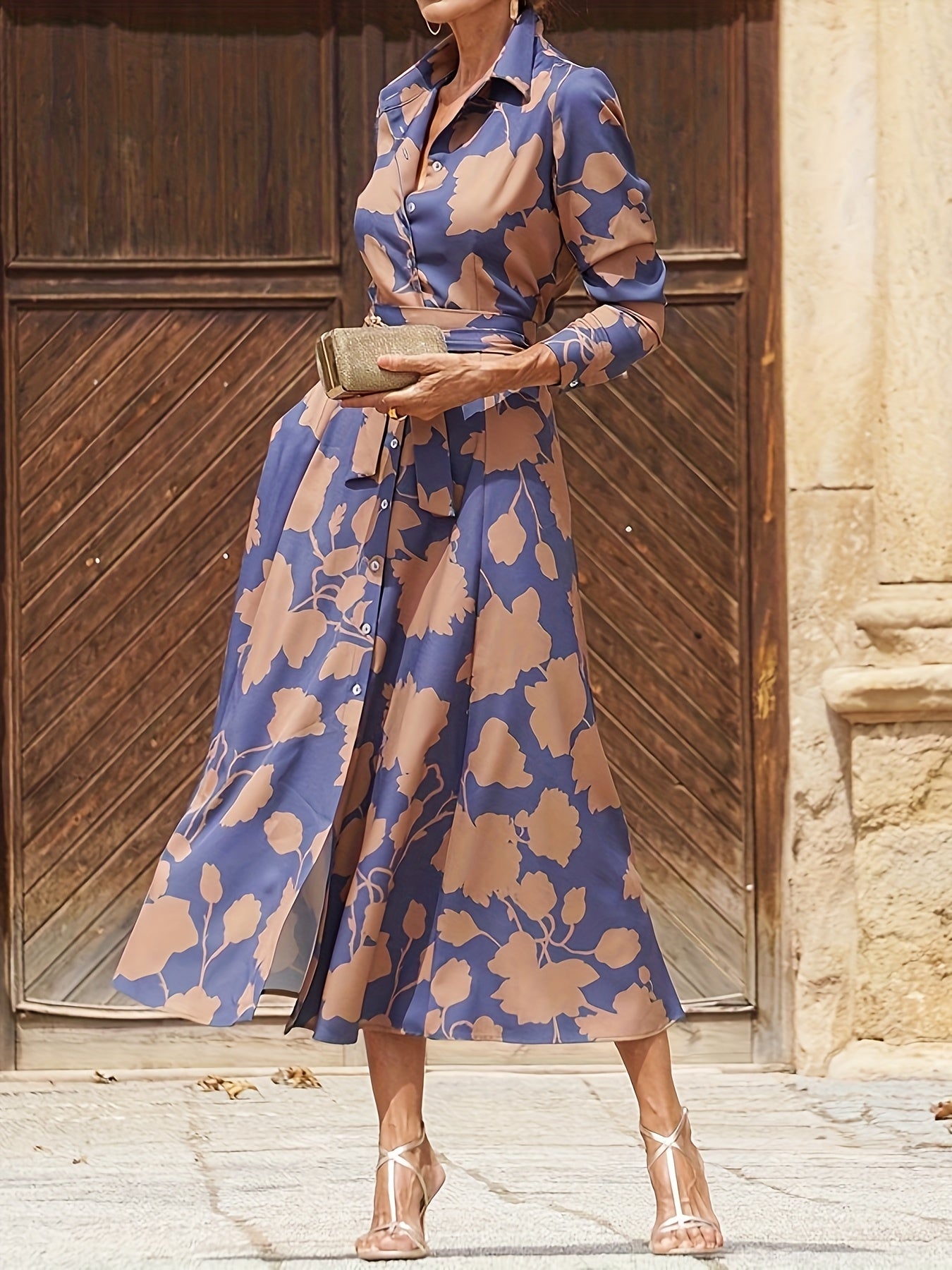 Women'S Elegant Floral Print Waist Dress - Long Formal & Casual Maxi Dress with Adjustable Waist Belt, Flared Hem, Brown/Blue Floral Pattern - Office, Party, Everyday Outfits - Fall/Winter Women'S Clothing, Cute Dresses, Office Attire, Sophisticated