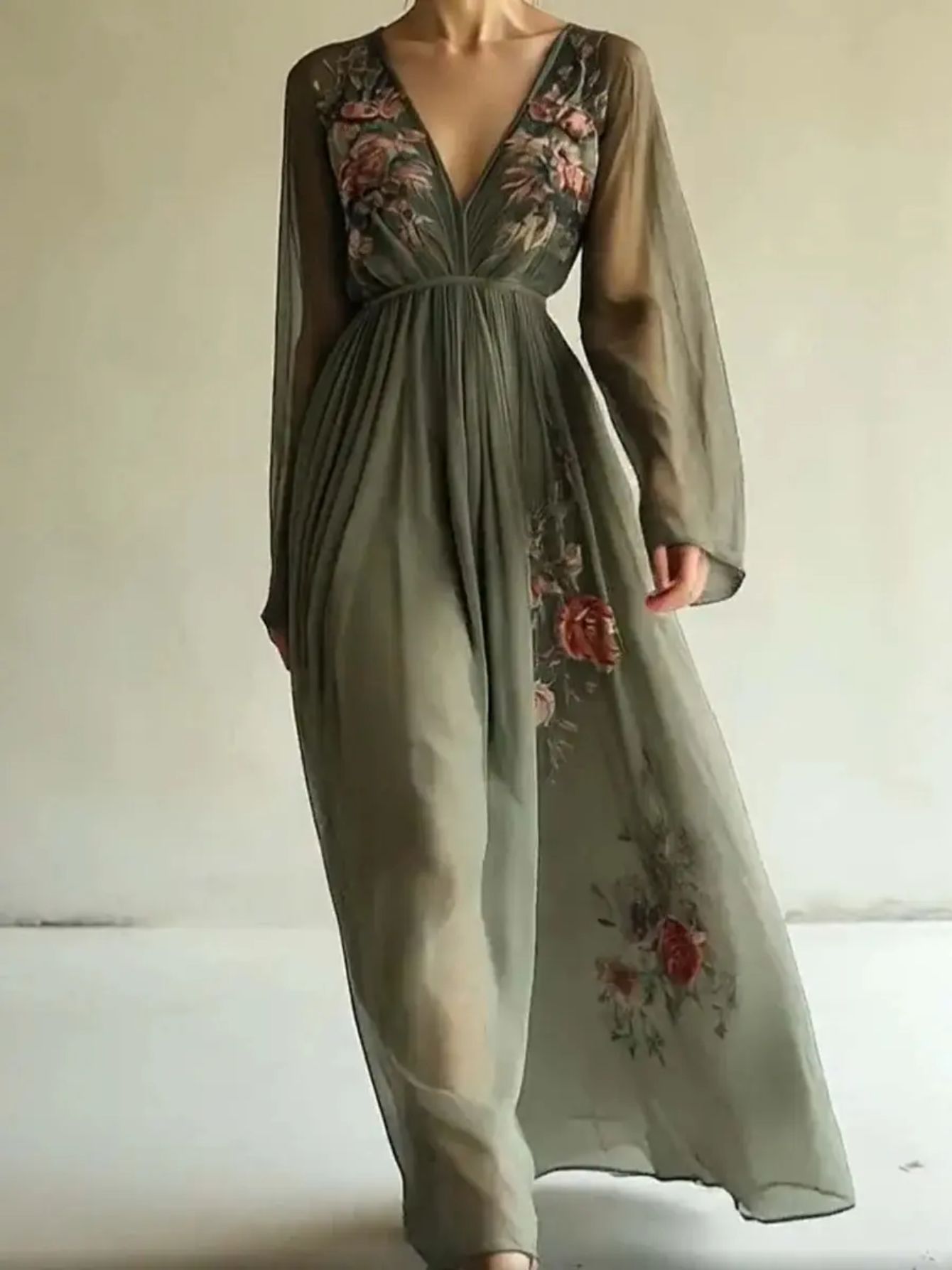 [Elegant Floral Dress] ZOELNIC Women's Elegant Floral Print Long Sleeve Shirt Dress | V-Neck, Polyester Blend, Non-Stretch, All-Season Wear with Ruffle Detail, Lightweight & Breathable for Spring/Summer/Fall