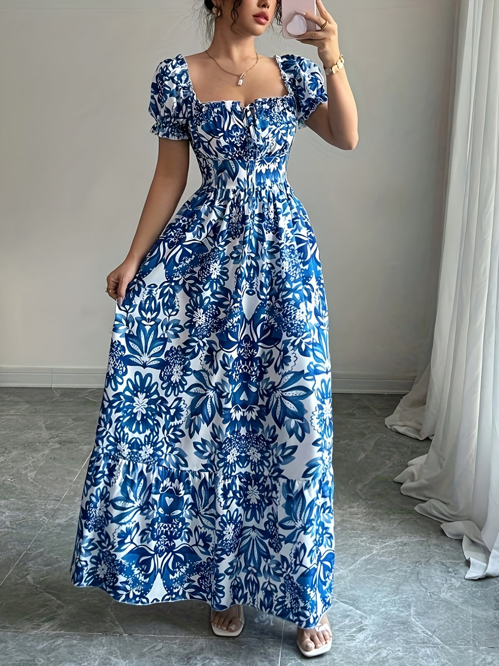 Women's Elegant Floral maxi dress - Floral print, Adjustable front tie waist, A-Line formal & casual Dresses for Parties, Beach, Everyday - Machine Washable Women's Evening gowns, Floral Print Dress, Summer Fashion, No Stretch Fabric