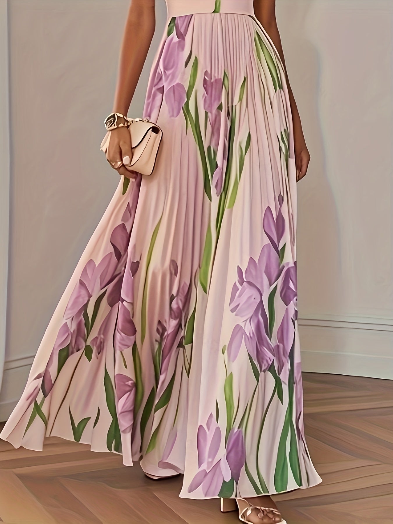 Elegant One-Shoulder Floral Print Maxi Dress with Pleated Detail - Sleeveless, V-Neck, Mid-Length for Women - Perfect for Parties & Formal Events, Floral Dress