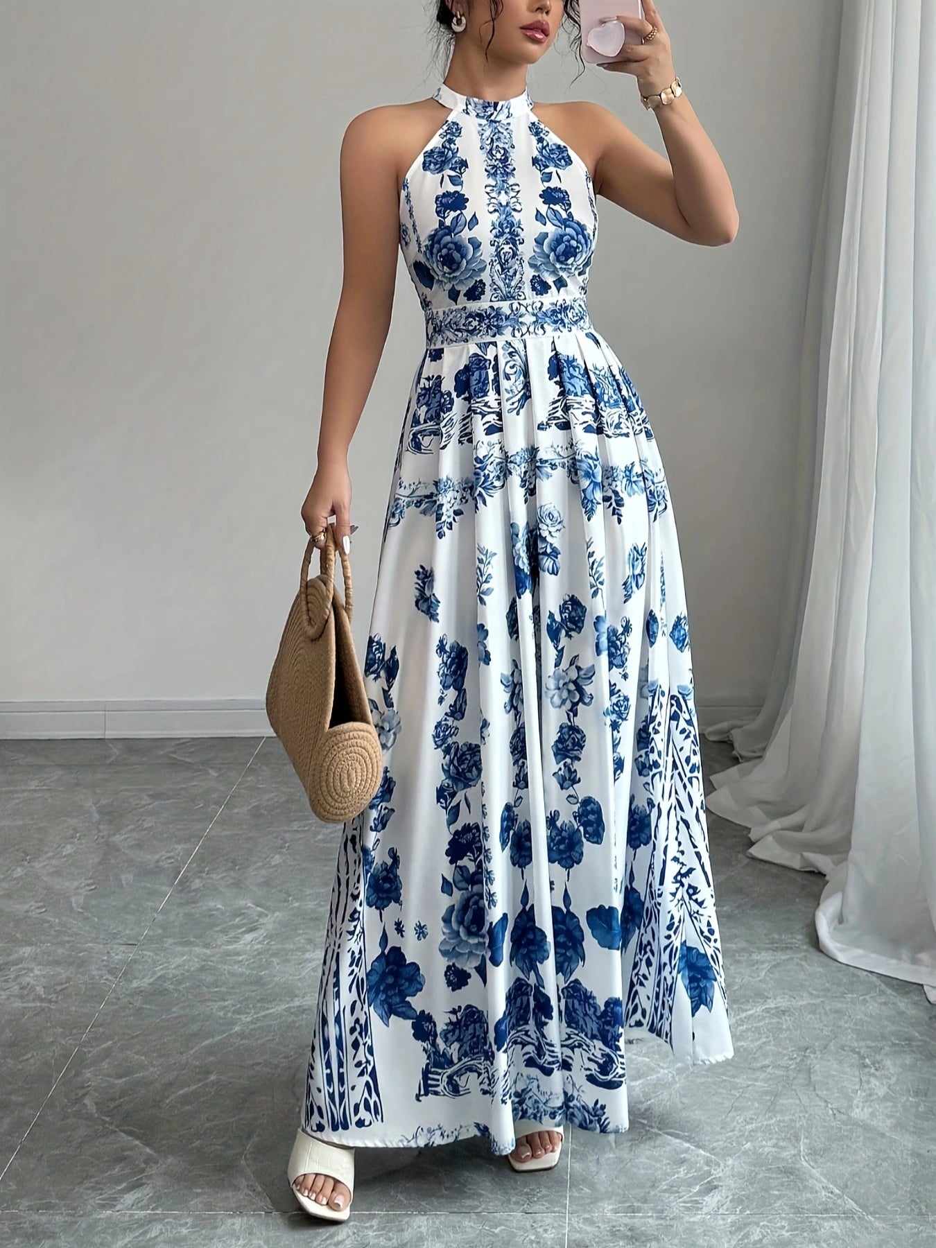 [Elegant Floral Dress] Blue & White Floral Print A-Line Summer Dress | Women's Elegant Sleeveless Dress | Machine Washable Polyester, Regular Fit for Casual & Festive Occasions