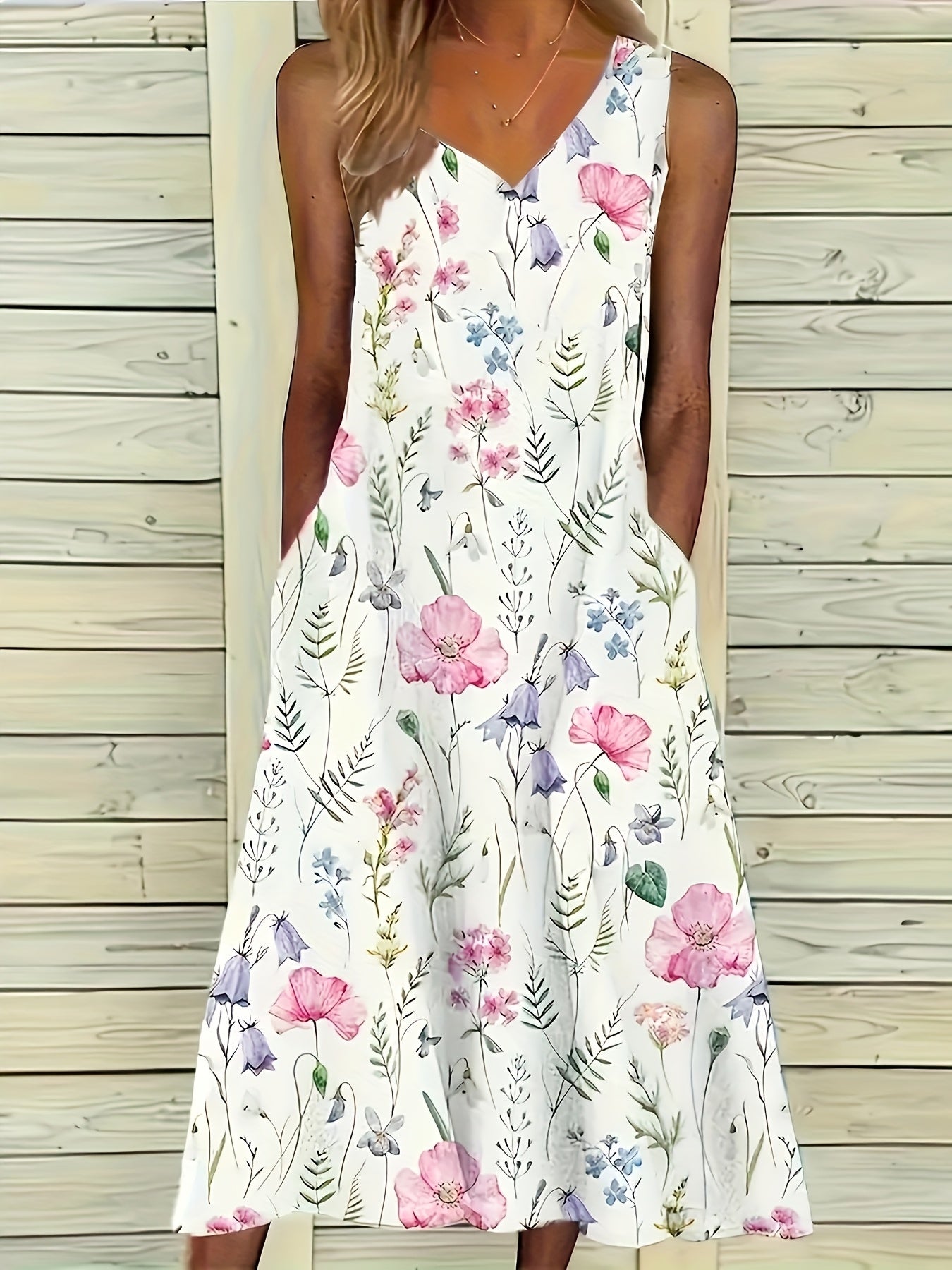 Women's Floral Dress - Soft & Breathable V-Neck Sleeveless A-Line with Side Pockets, Machine Washable Women's Party, Wedding, Everyday Outfit in Pink, Purple, Green, White Floral Print - All-Season Casual to Formal Attire, Summer Vacation Wear,