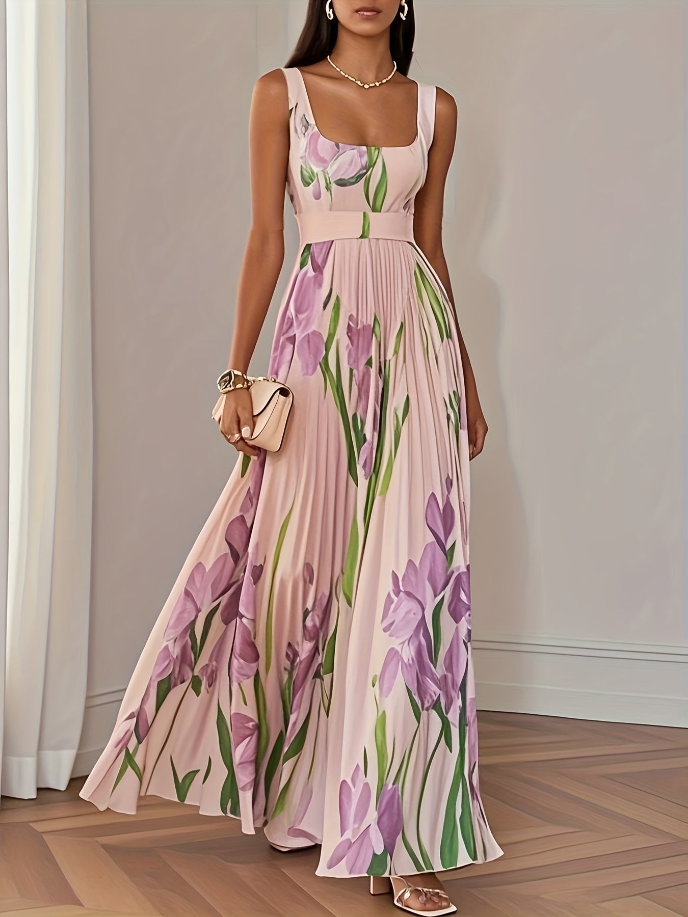 Women's Elegant Floral Print Square Neck Sleeveless High Waist A-Line Maxi Dress with Tulip Skirt - Lightweight Breathable Machine Washable Spring Summer Wedding Guest Party Dress in Mint Green & Pastel Pink, Non-Stretch Fabric