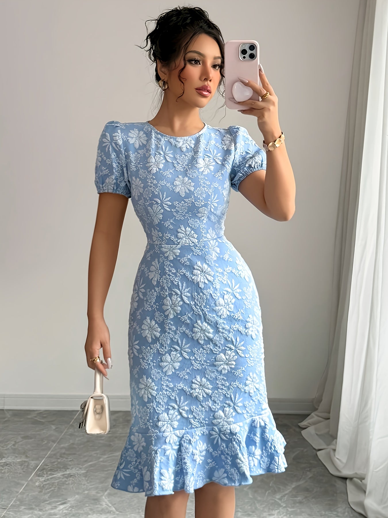 [Elegant Floral Print Dress] Elegant Floral Print Knee-Length Dress - Non-Stretchy Highquality Fabric - Office to Party Formal & Casual Outfits - Blue/White Women's Clothing for Everyday & Special Events