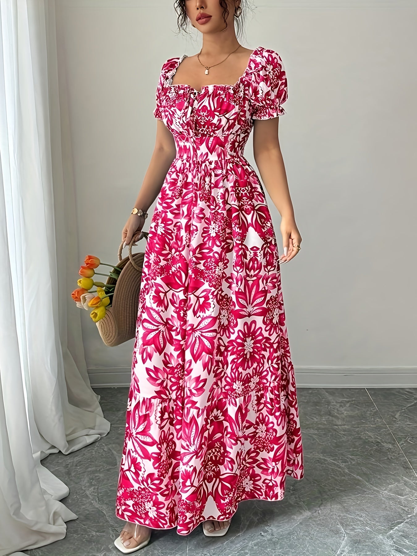Women's Elegant Floral maxi dress - Floral print, Adjustable front tie waist, A-Line formal & casual Dresses for Parties, Beach, Everyday - Machine Washable Women's Evening gowns, Floral Print Dress, Summer Fashion, No Stretch Fabric