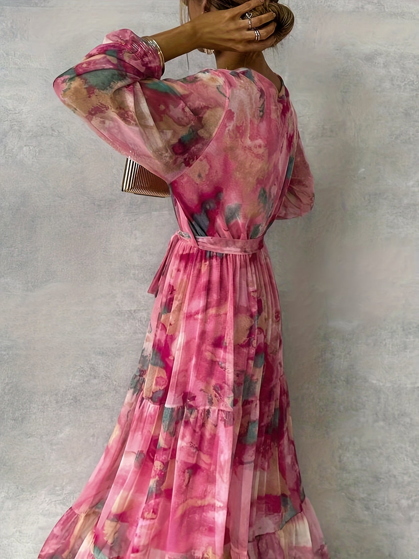 Women's Elegant Floral print maxi dress - A-Line formal & casual gown Pink/, Machine Washable non-stretchy fabric for Parties, Office, Casual Attire - All-Season Women's Clothing, Office Attire, Graceful Silhouette, Quality Stitching, Vneckline Dress,