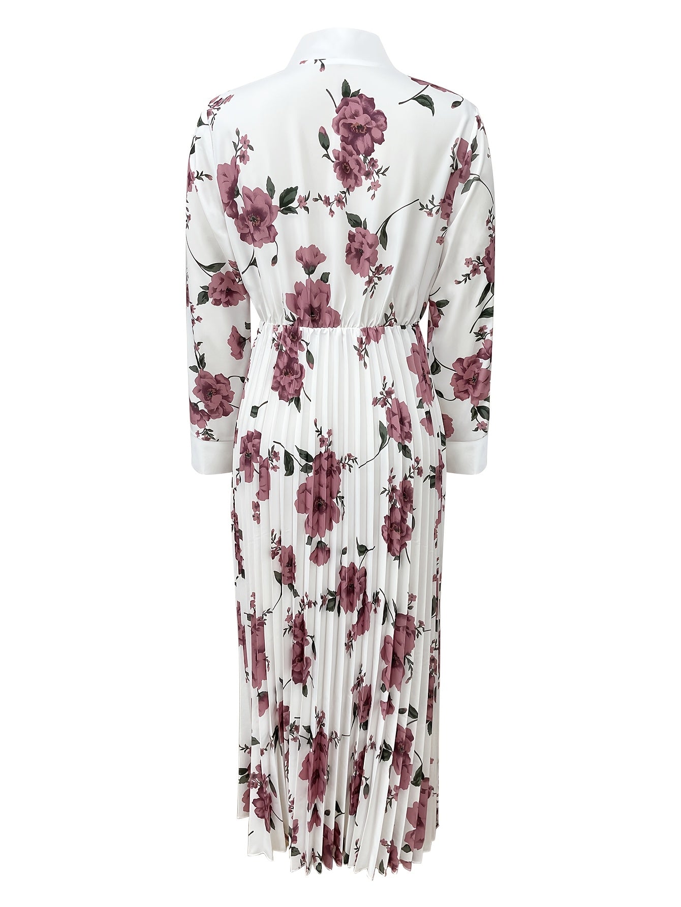 Elegant Floral Print Long Sleeve Dress for Women, Polyester, with Tie Front and Bow Detail, for Spring/Summer/Fall - Woven A-Line Midi Dress with Tie Neck Collar