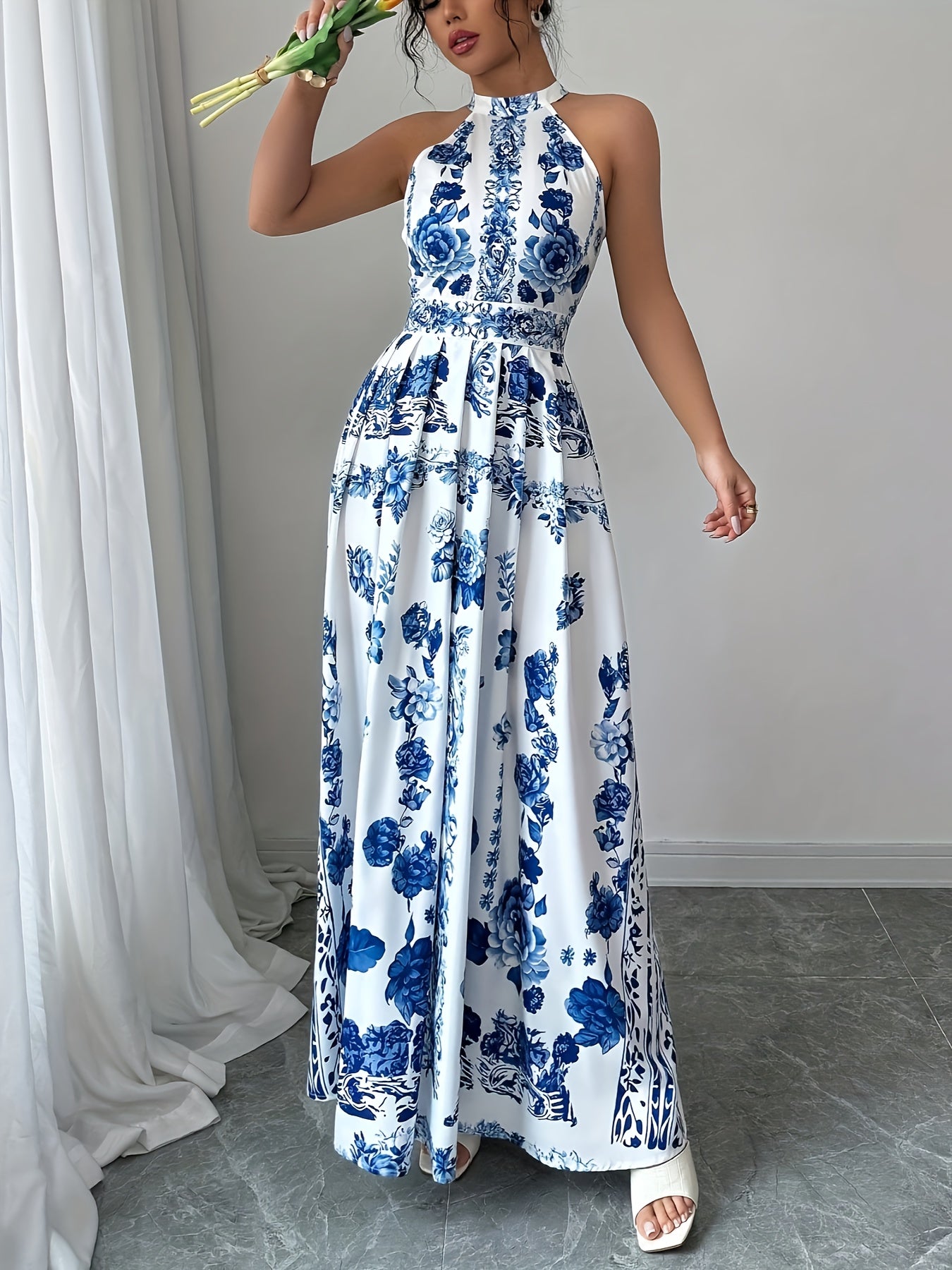 [Elegant Floral Dress] Blue & White Floral Print A-Line Summer Dress | Women's Elegant Sleeveless Dress | Machine Washable Polyester, Regular Fit for Casual & Festive Occasions