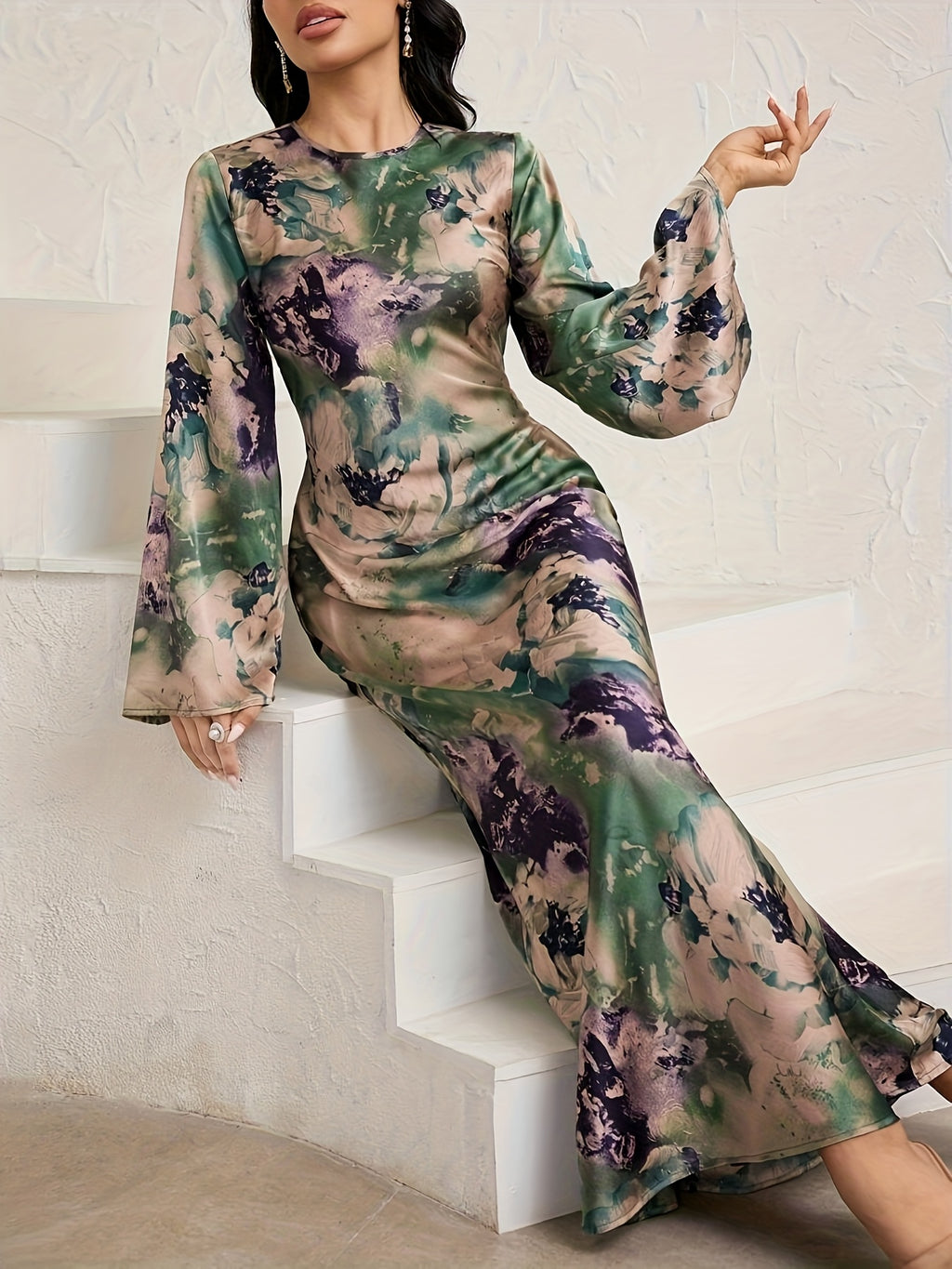 Women'S Elegant Tie-Dye Green Floral Print Maxi Dress with Long Sleeves & Back Belt - Stretchy Polyester-Spandex Blend, Perfect for Casual or Formal Occasions, Formal Evening Wear | Floral Print Dress | Polyester Blend