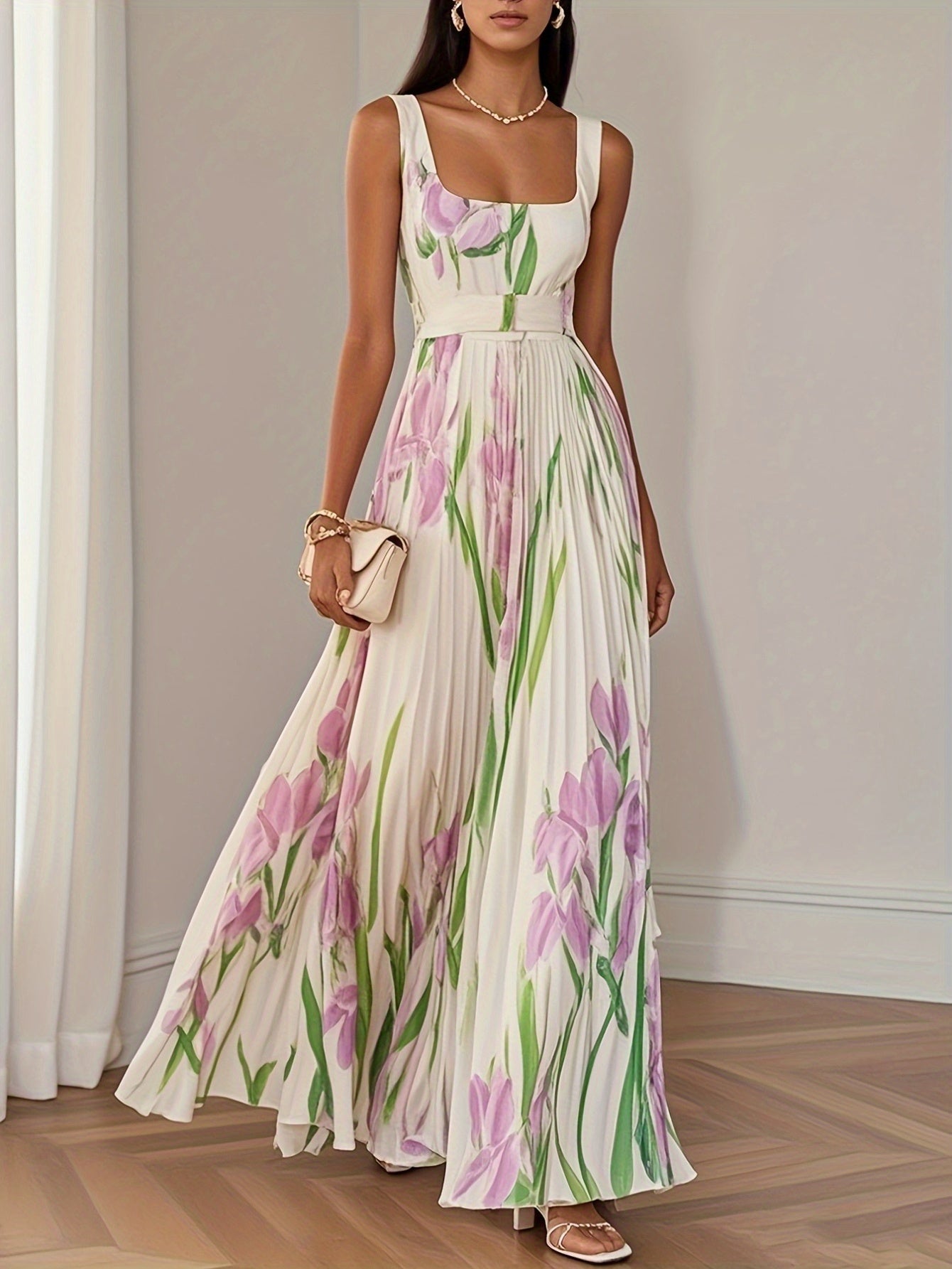 Women'S Elegant Floral Print A-Line Ball Gown - Long Formal dress with flared hem, Flowy party Wedding Gala Evening Gown in Soft Pastel Colors (Mint Green/Beige/Pink/White/ Lavender) - Formal Event Attire, Dresses for Wedding Guest, Summer Fashion,