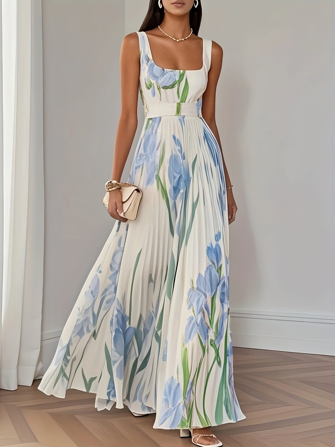 Women'S Elegant Floral Print A-Line Ball Gown - Long Formal dress with flared hem, Flowy party Wedding Gala Evening Gown in Soft Pastel Colors (Mint Green/Beige/Pink/White/ Lavender) - Formal Event Attire, Dresses for Wedding Guest, Summer Fashion,