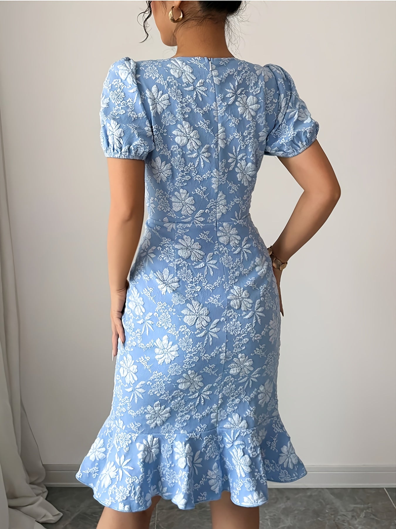[Elegant Floral Print Dress] Elegant Floral Print Knee-Length Dress - Non-Stretchy Highquality Fabric - Office to Party Formal & Casual Outfits - Blue/White Women's Clothing for Everyday & Special Events
