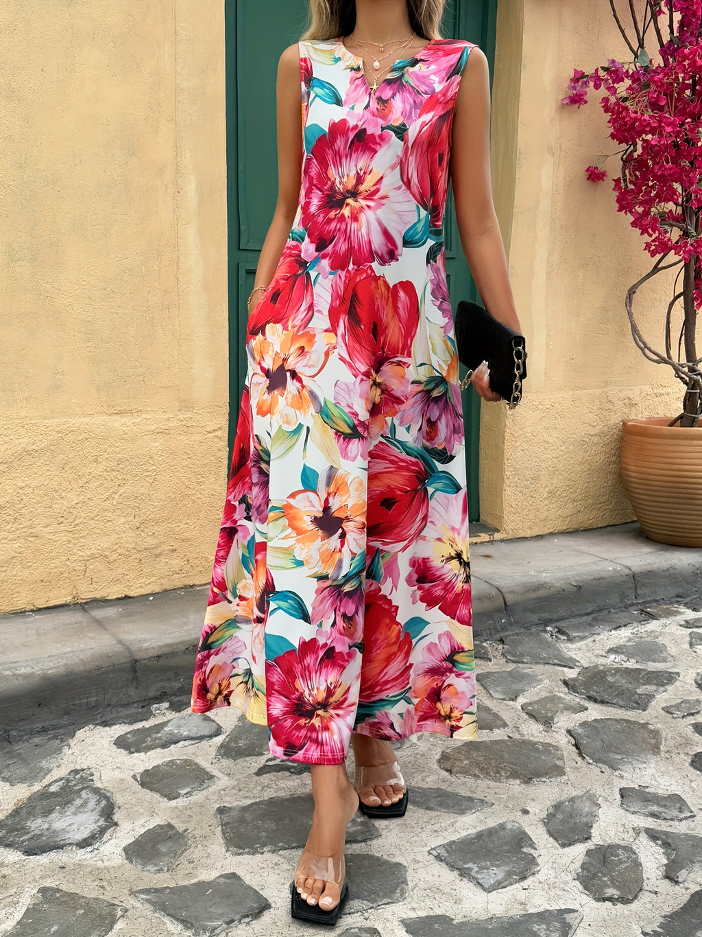 Home Holiday Leisure Flower Printed Round Neck Notched Sleeveless Tank Top Skirt Fashion Women'S Dress