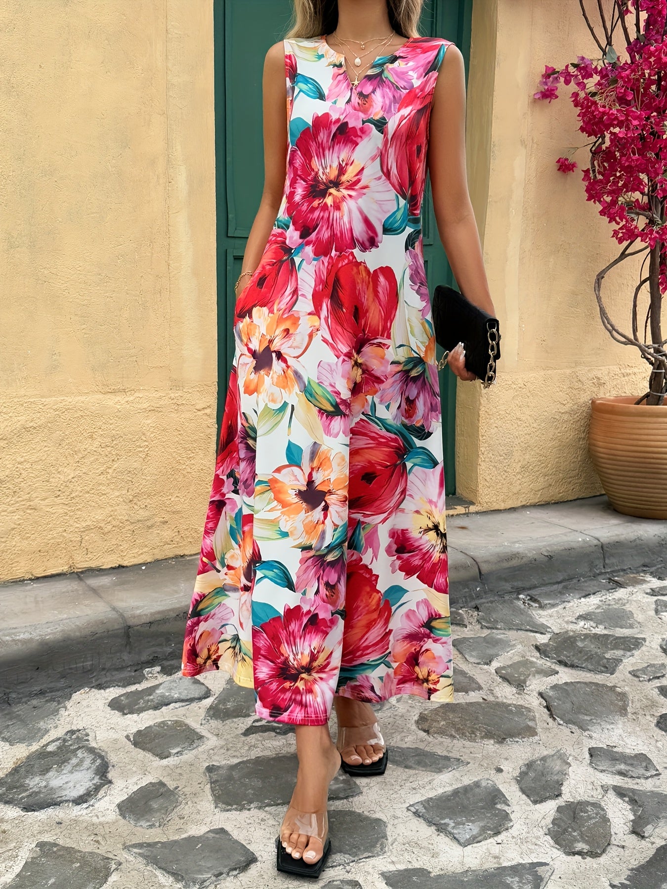 Home Holiday Leisure Flower Printed Round Neck Notched Sleeveless Tank Top Skirt Fashion Women'S Dress