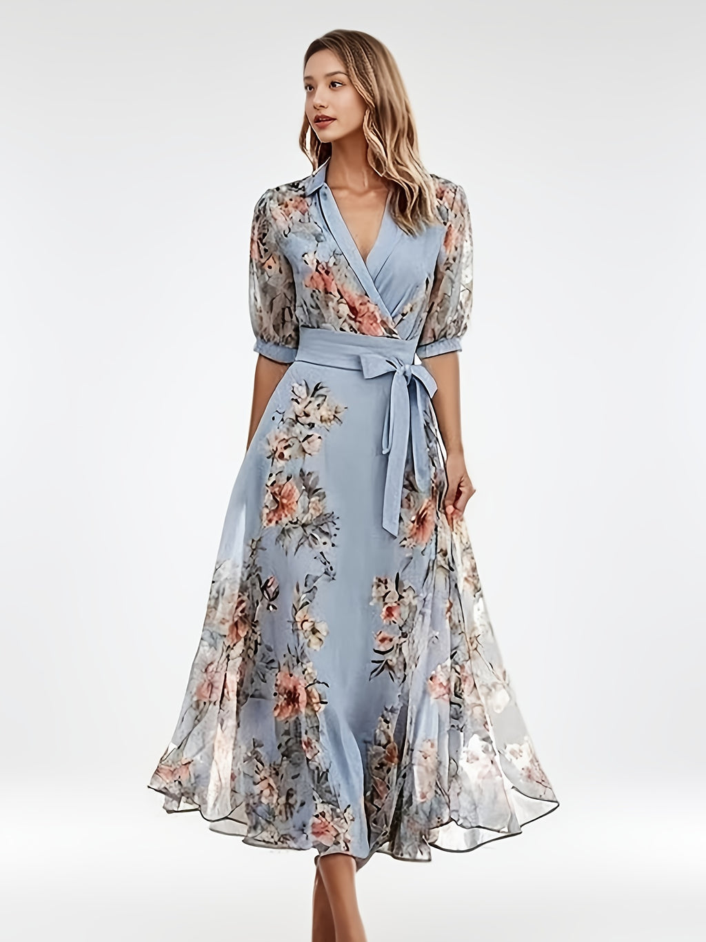 Women's Elegant Floral - Maxi Dress with V-Neck, A-Line Silhouette, Machine Washable for Wedding, Party, Everyday Outfits - Spring/Summer/Fall Clothing, Spring Fashion, Feminine Design, Comfortable Fit, Bow Detail, Casual Wear
