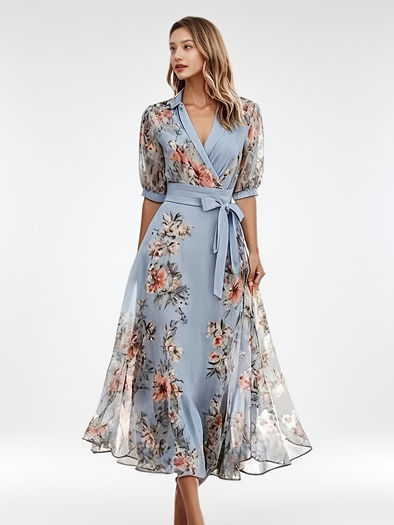 Women's Elegant Floral - Maxi Dress with V-Neck, A-Line Silhouette, Machine Washable for Wedding, Party, Everyday Outfits - Spring/Summer/Fall Clothing, Spring Fashion, Feminine Design, Comfortable Fit, Bow Detail, Casual Wear