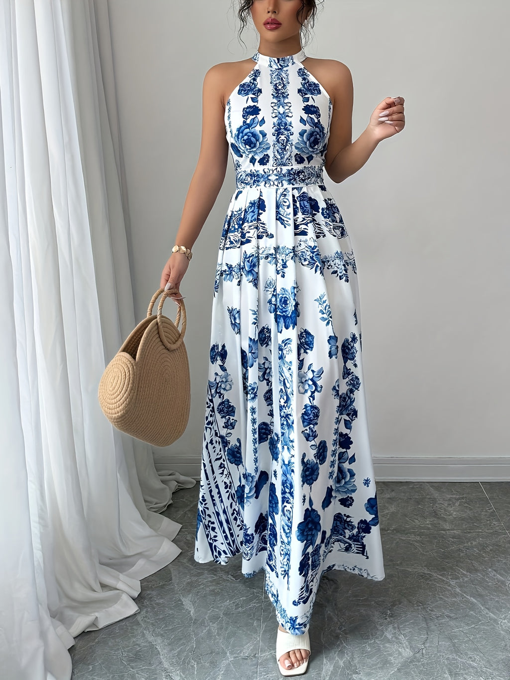 [Elegant Floral Dress] Blue & White Floral Print A-Line Summer Dress | Women's Elegant Sleeveless Dress | Machine Washable Polyester, Regular Fit for Casual & Festive Occasions