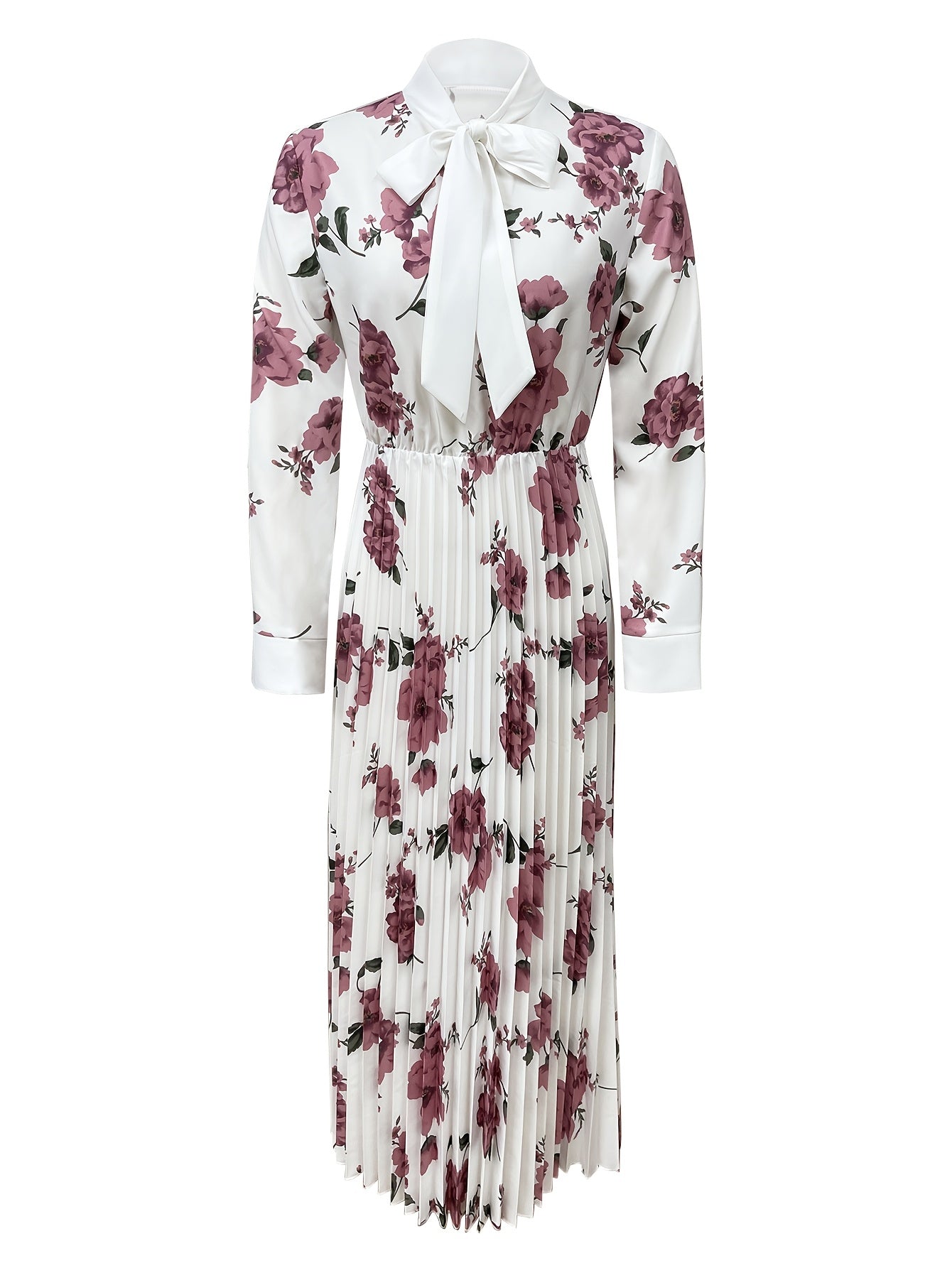 Elegant Floral Print Long Sleeve Dress for Women, Polyester, with Tie Front and Bow Detail, for Spring/Summer/Fall - Woven A-Line Midi Dress with Tie Neck Collar