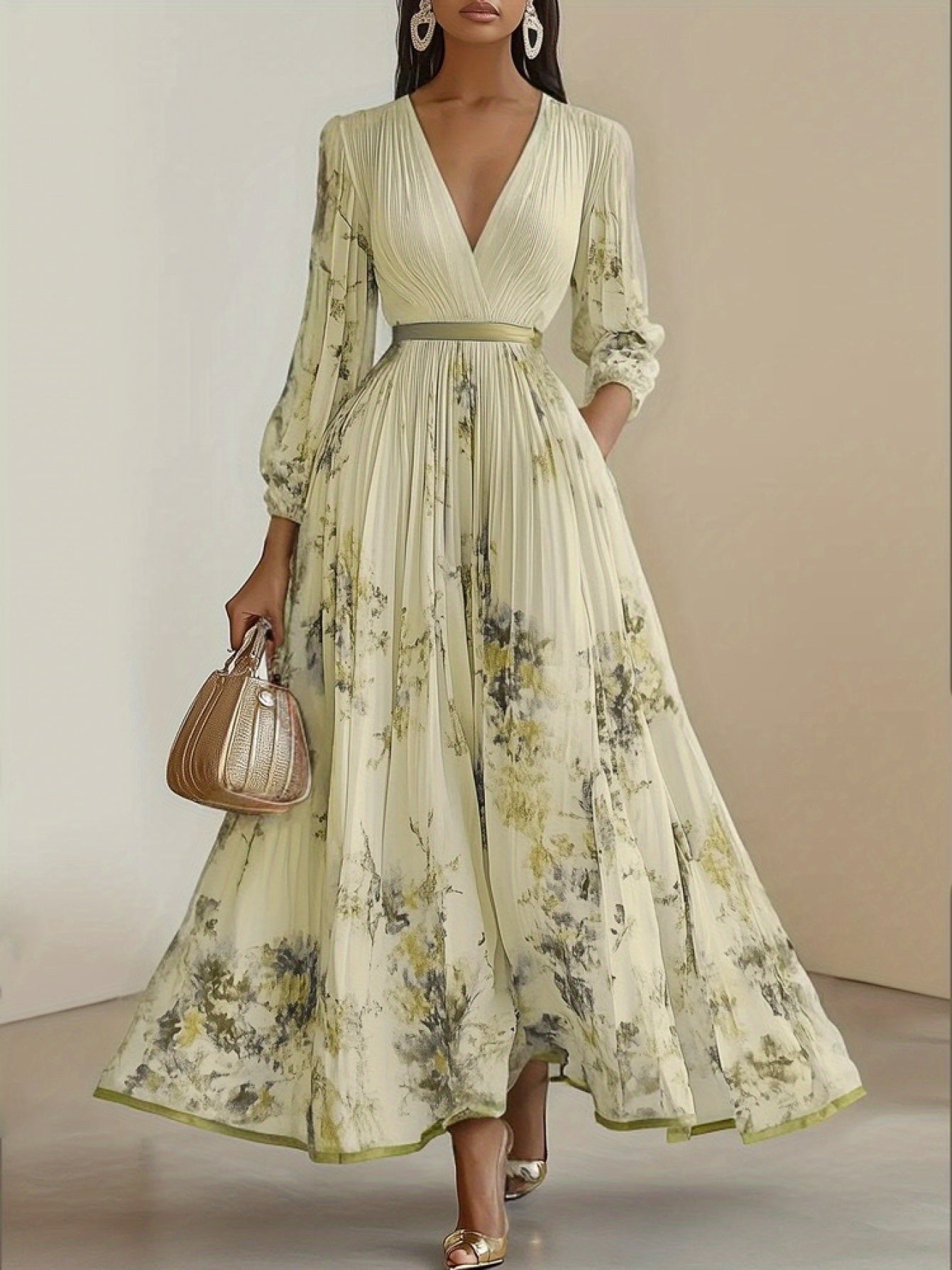 Women'S Elegant Floral Print Dress - Formal & Casual Party Wedding Outfit with Cinched Waist, Flowy Long Sleeves, All-Season Party Everyday Dress in Beige/ Green/White/Black/ - Women'S Formal & Everyday Attire, Dresses for Wedding Guest, Versatile