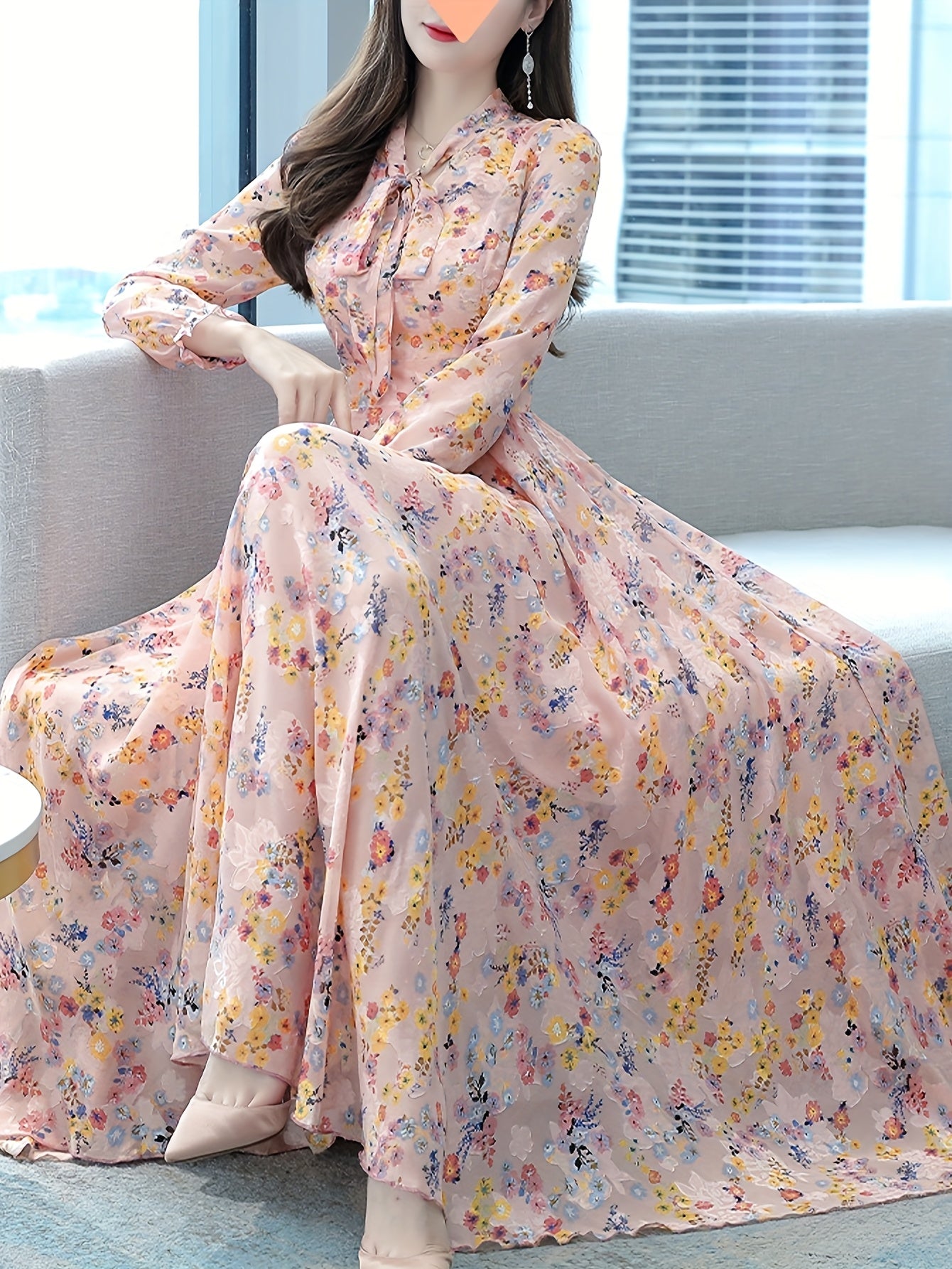 Bowknot V-neck Floral Chiffon Dress Fashionable And Casual Long-sleeved Waist Wide Hem Bohemian Cuckoo Style Printed Long Skirt