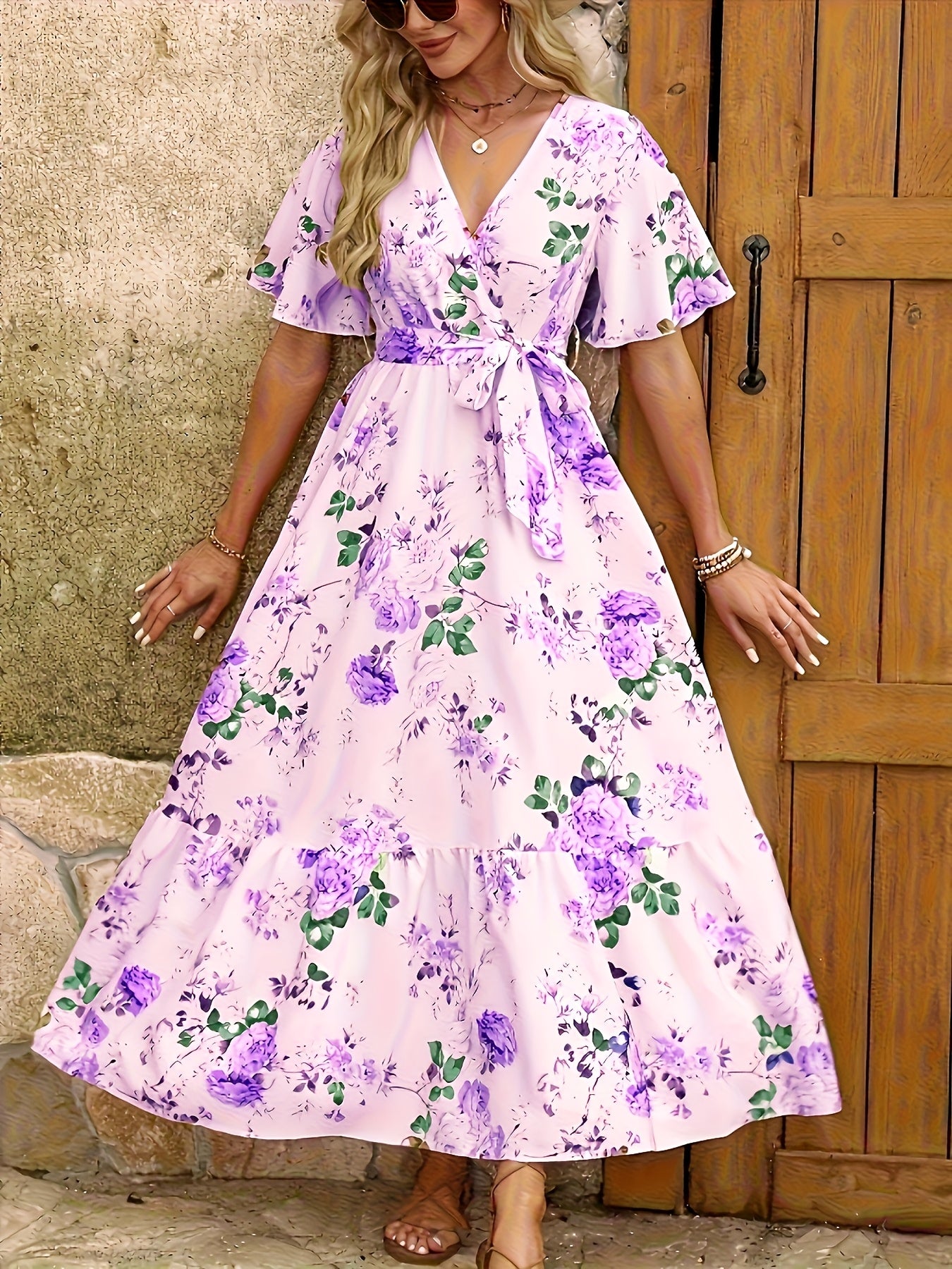 [Floral Midi Dress] Elegant Floral Print Women's V-Neck Midi Dress | Adjustable Waist Belt, Sleeveless A-Line Long Dress | Machine Washable, Casual to Formal Wear for Spring Summer Fall