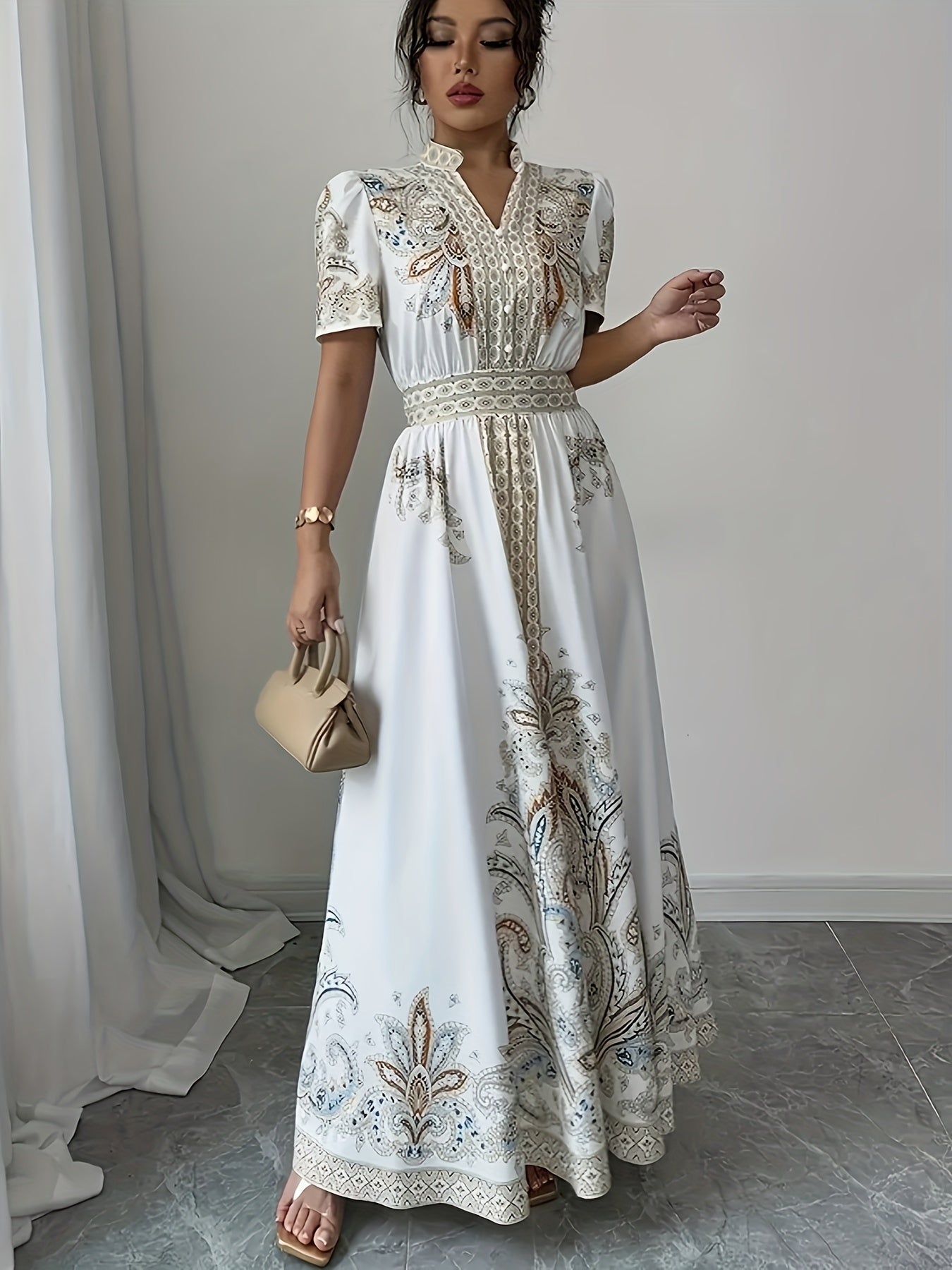 Elegant Bohemian V-Neck Maxi Dress with Intricate Floral Details - White, Short Sleeves, Cinched Waist, Flowy Skirt, Perfect for Spring/Summer, Adult Women'S Fashion, Bohemian Dress