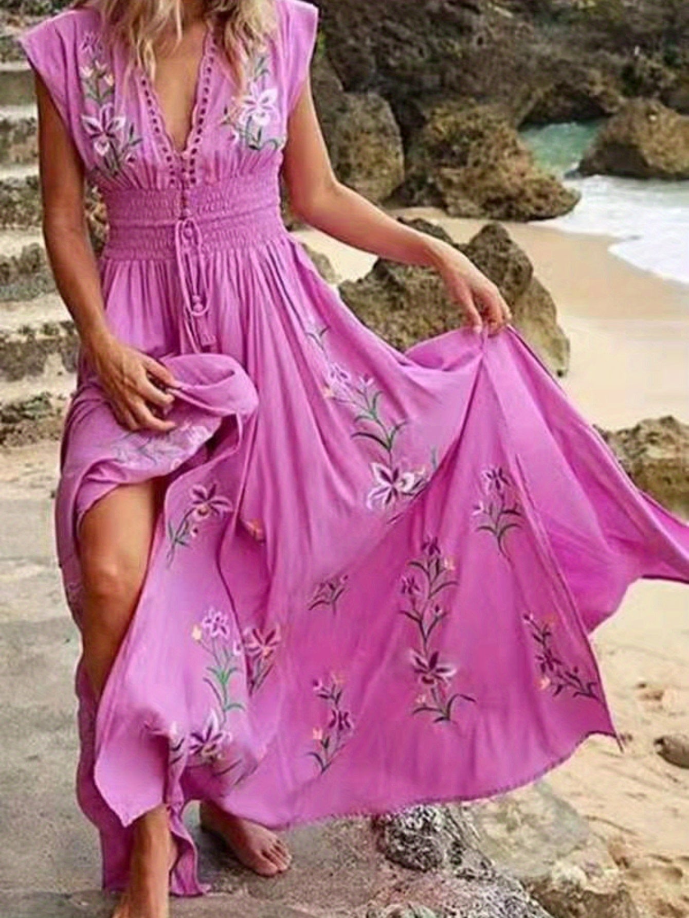 Women's Soft Pink Floral-like Bohemian Dress - Elegant V-Neck Beach Party Outfit, Machine Washable Flowy Casual to Formal Dress for Brunch, Everyday & Special Events