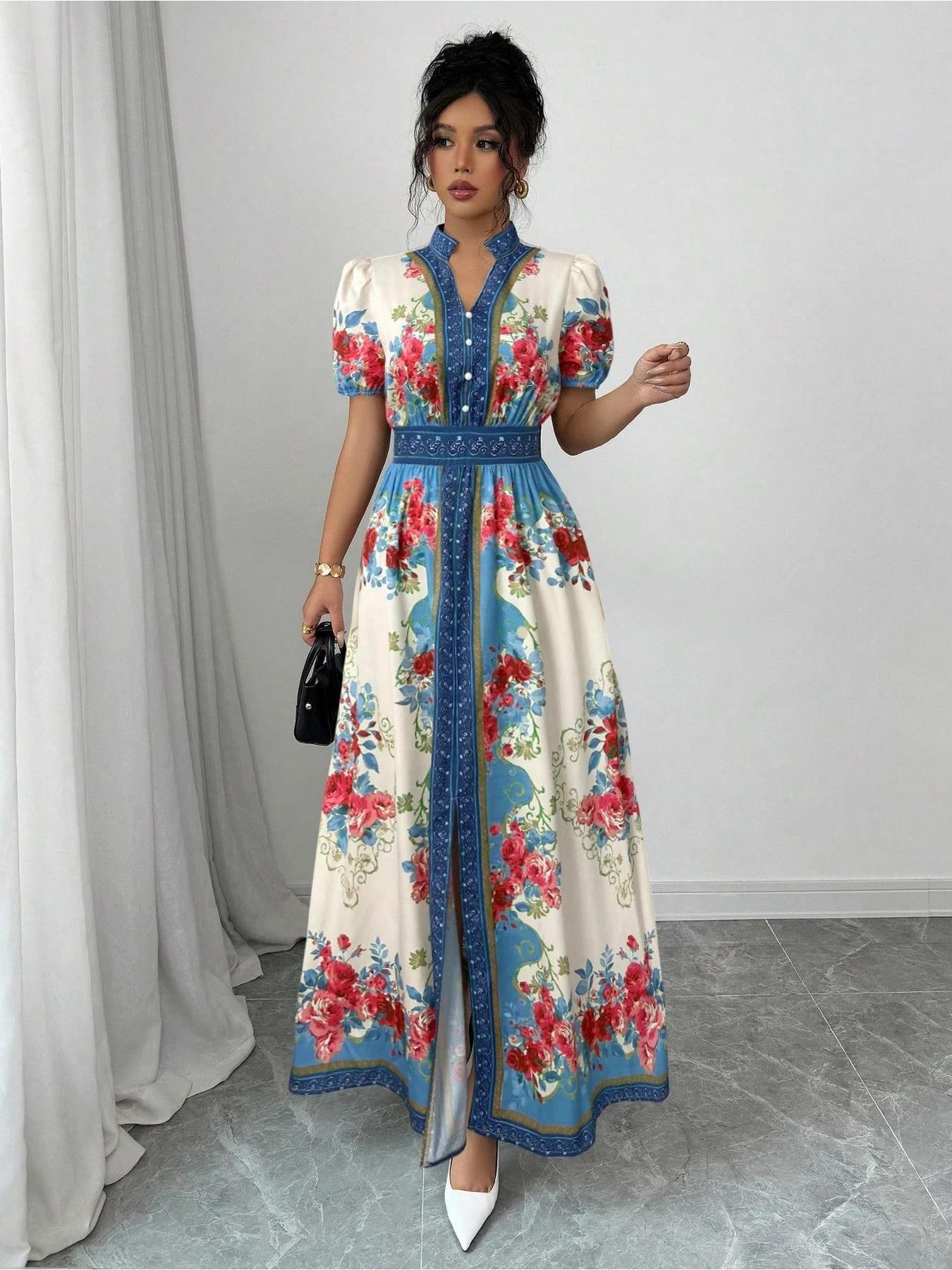 Women's Floral A-Line dress - flared hem party & Formal Dress with - Elegant Floral print in Blue/Red/White/, Machine Washable for Weddings, Garden Parties, Everyday Outfits - Non-Stretch Fabric, Wedding Guest Attire, Short Sleeve Design