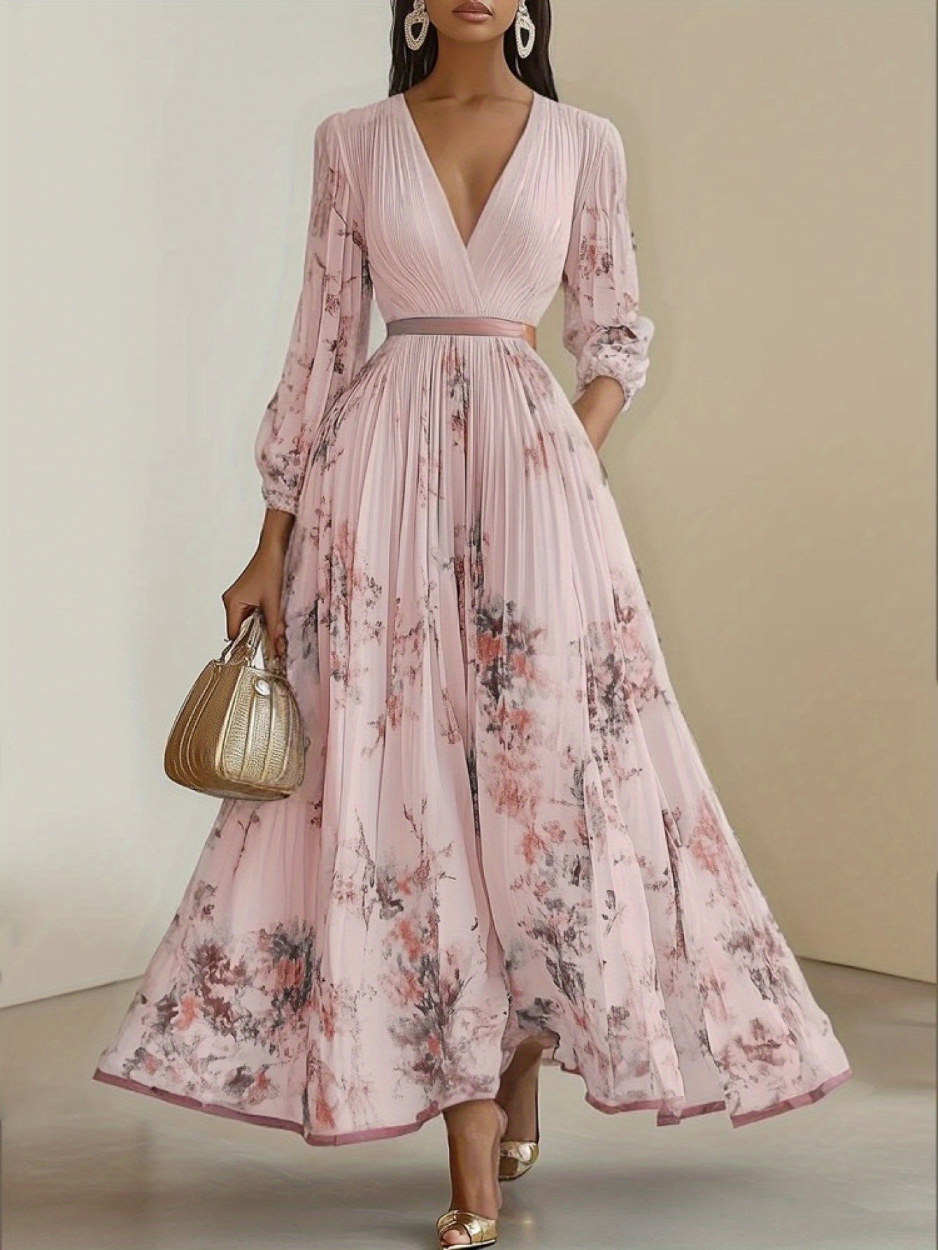 Women'S Elegant Floral Print Dress - Formal & Casual Party Wedding Outfit with Cinched Waist, Flowy Long Sleeves, All-Season Party Everyday Dress in Beige/ Green/White/Black/ - Women'S Formal & Everyday Attire, Dresses for Wedding Guest, Versatile