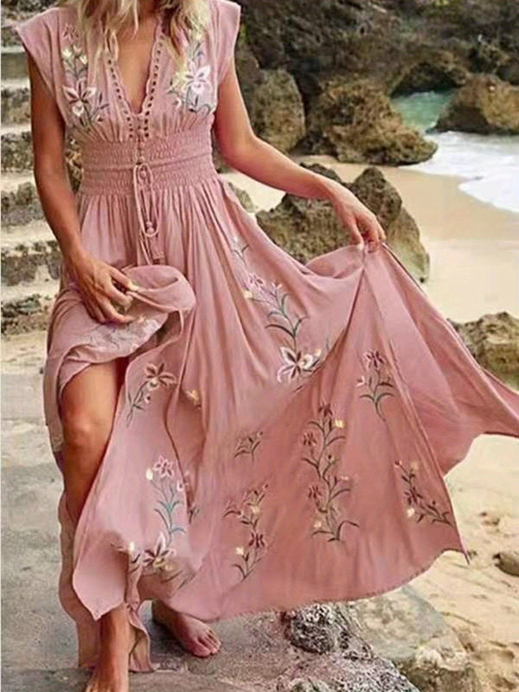 Women's Soft Pink Floral-like Bohemian Dress - Elegant V-Neck Beach Party Outfit, Machine Washable Flowy Casual to Formal Dress for Brunch, Everyday & Special Events