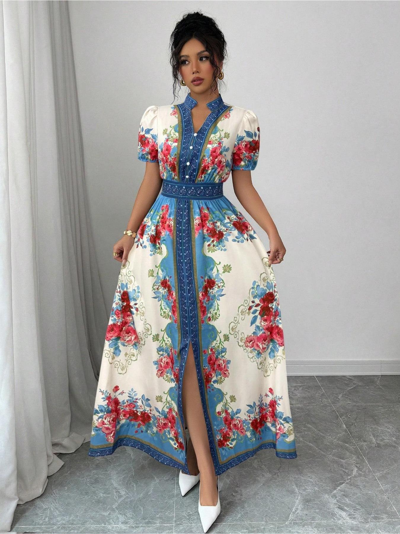 Women's Floral A-Line dress - flared hem party & Formal Dress with - Elegant Floral print in Blue/Red/White/, Machine Washable for Weddings, Garden Parties, Everyday Outfits - Non-Stretch Fabric, Wedding Guest Attire, Short Sleeve Design