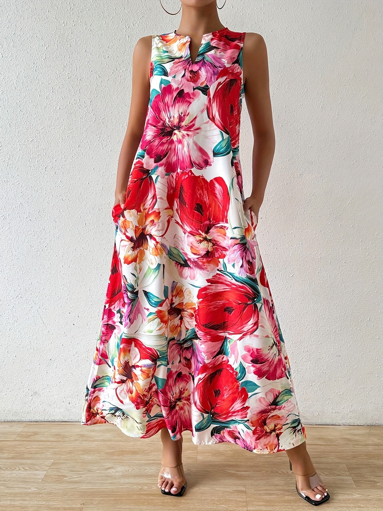 Home Holiday Leisure Flower Printed Round Neck Notched Sleeveless Tank Top Skirt Fashion Women'S Dress