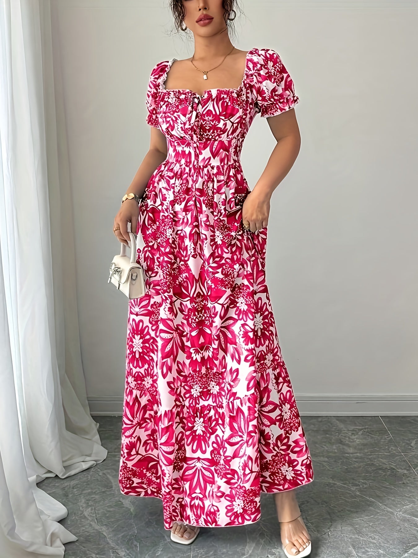 Women's Elegant Floral maxi dress - Floral print, Adjustable front tie waist, A-Line formal & casual Dresses for Parties, Beach, Everyday - Machine Washable Women's Evening gowns, Floral Print Dress, Summer Fashion, No Stretch Fabric