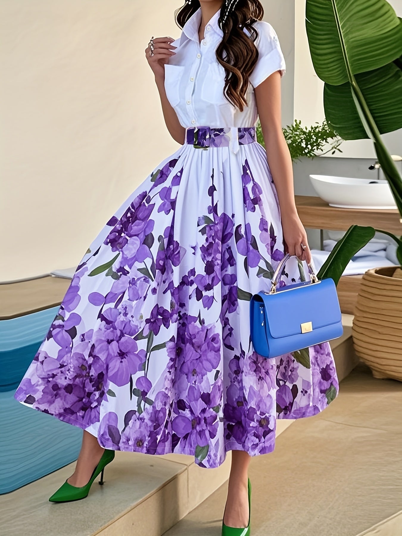Women's Floral Print A-Line Dress - Elegant Belted Waist, Non-Stretchy Fabric for Party, Wedding, Office - Purple Floral Print on White - Spring/Fall/Summer Formal & Everyday Outfits, Spring Fashion Wear, Feminine Silhouette, Structured Fit, Buttondown