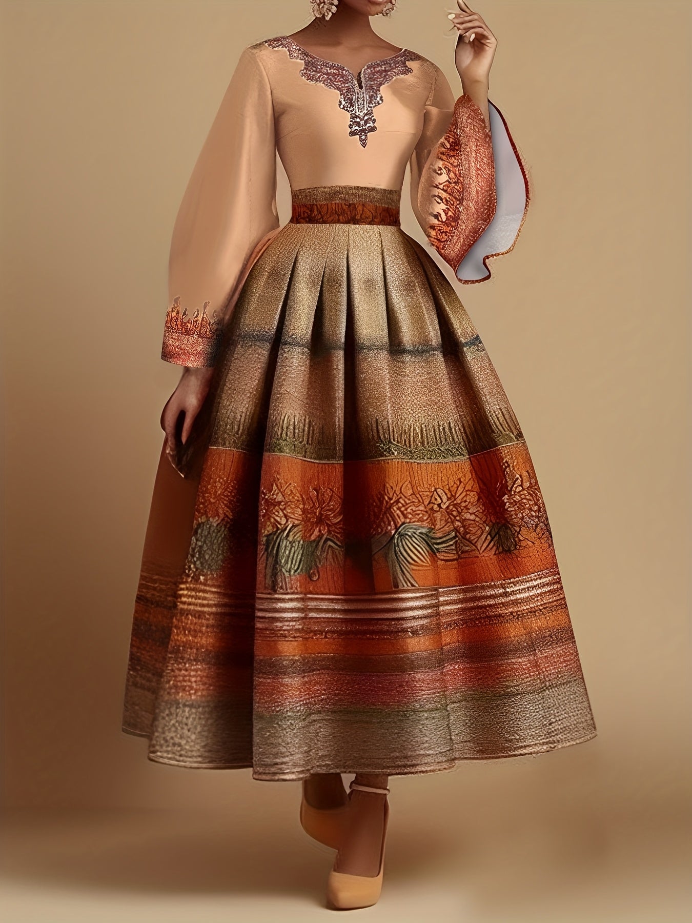 Elegant Floral Print Maxi Dress with Bell Sleeves and Cinched Waist - Vibrant Orange, Beige, and Brown Design, Long Sleeve, Flowy A-Line Silhouette, Perfect for Spring/Summer/Fall, Women'S Fashion, Floral Dress