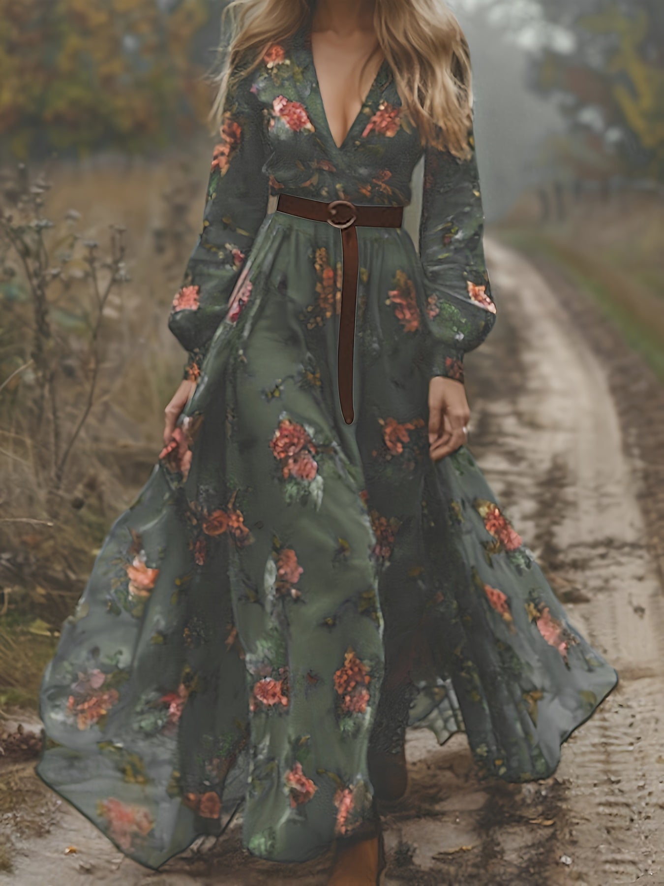 ZOELNIC Elegant Long Sleeve Floral Maxi Dress with Deep V-Neck | Chic Party & Casual Wear(Not Include Belt), Stylish Dresses for Women, Evening Gown for Women Elegant Classy, Classy Dresses for Women High Quality, Long Dress with Sleeves, Wedding Dress
